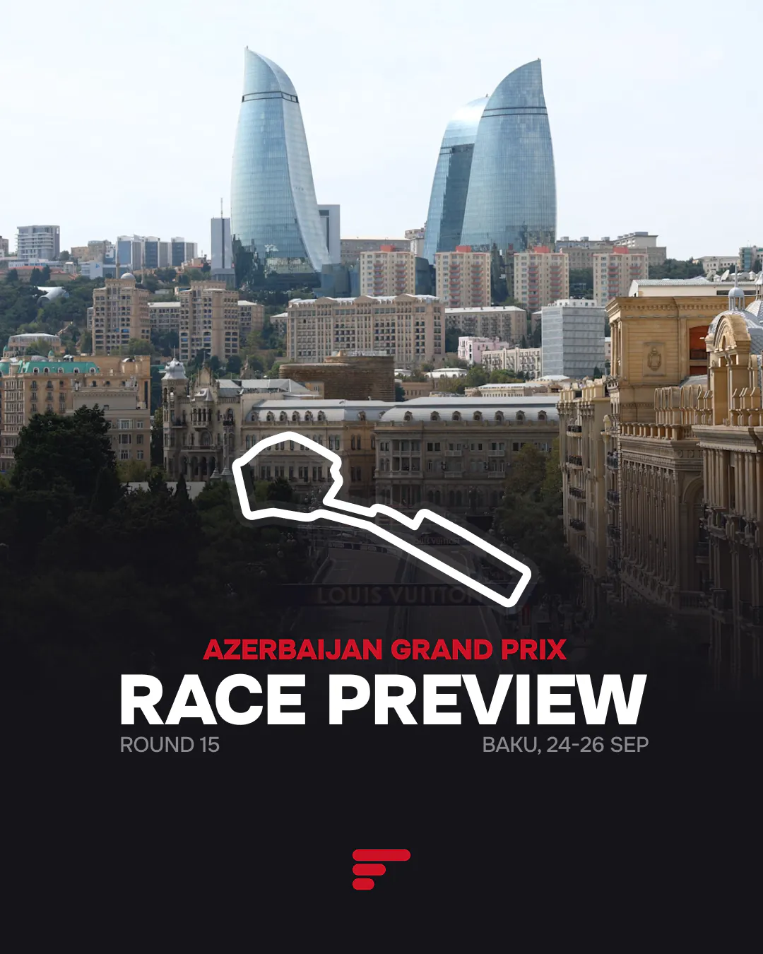 Baku skyline and circuit outline on the 2026 Azerbaijan Grand Prix race preview graphic, September 24–26.