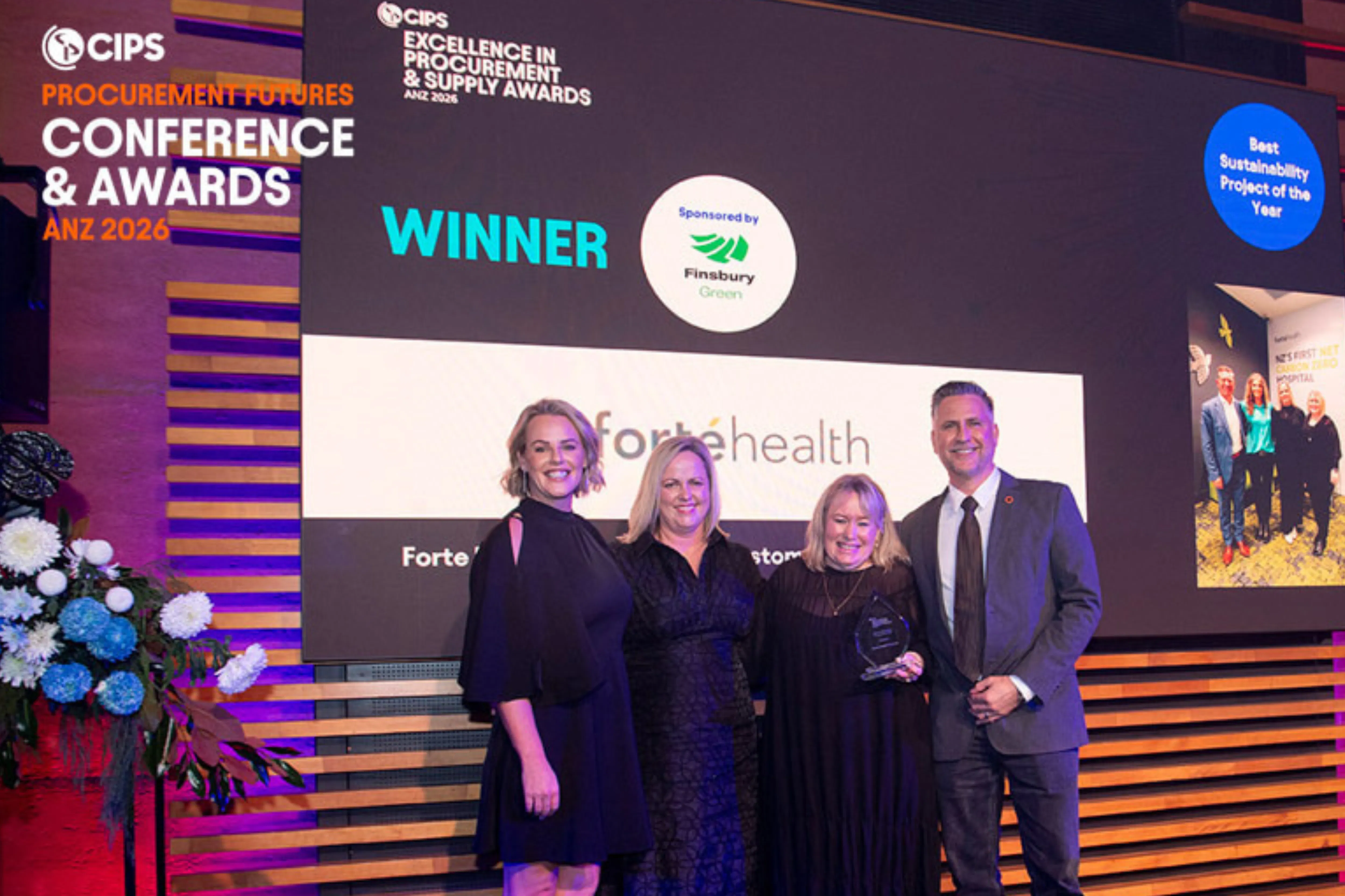 Forte staff accepting award smiling at camera