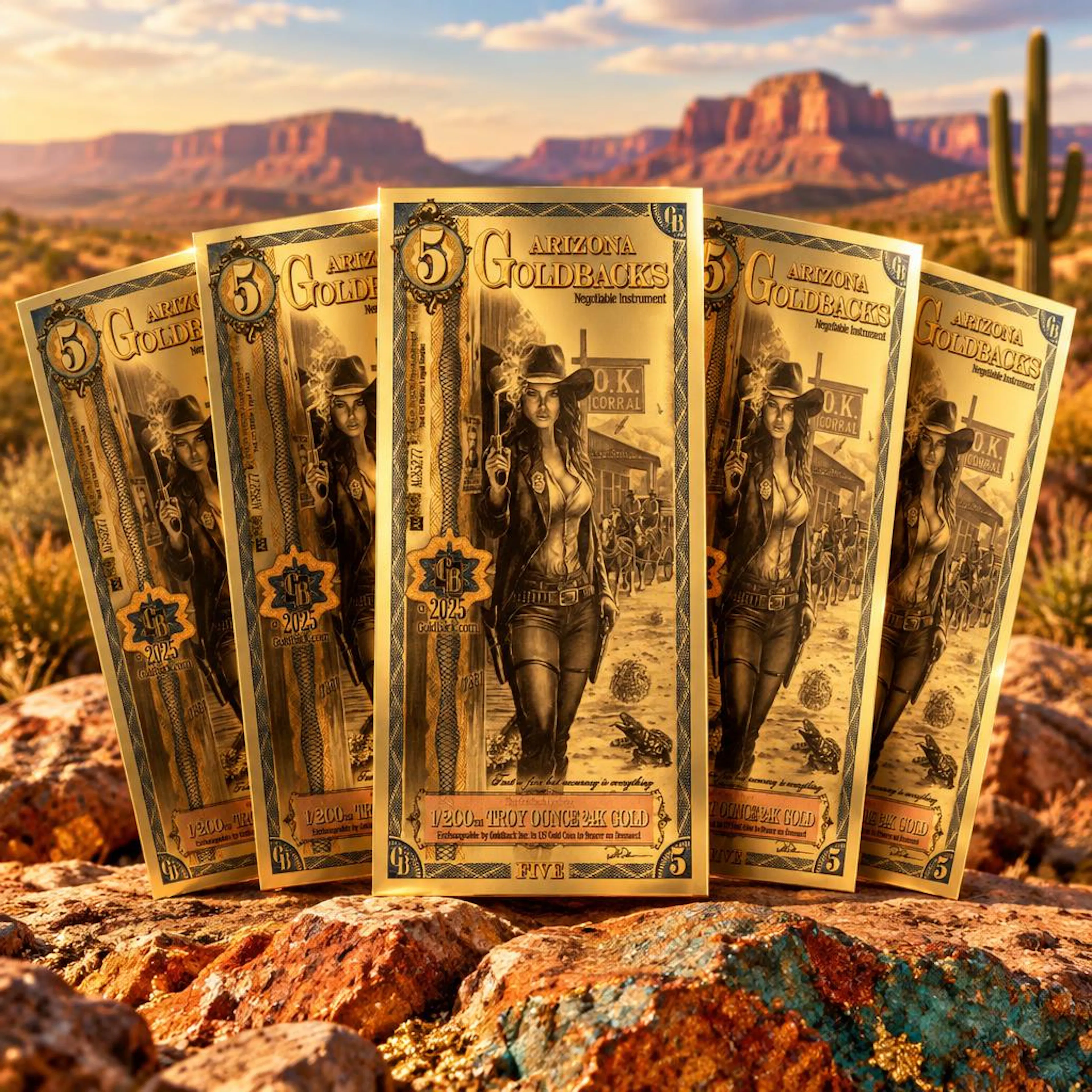 Five x 5 Arizona 24ct Goldback Notes