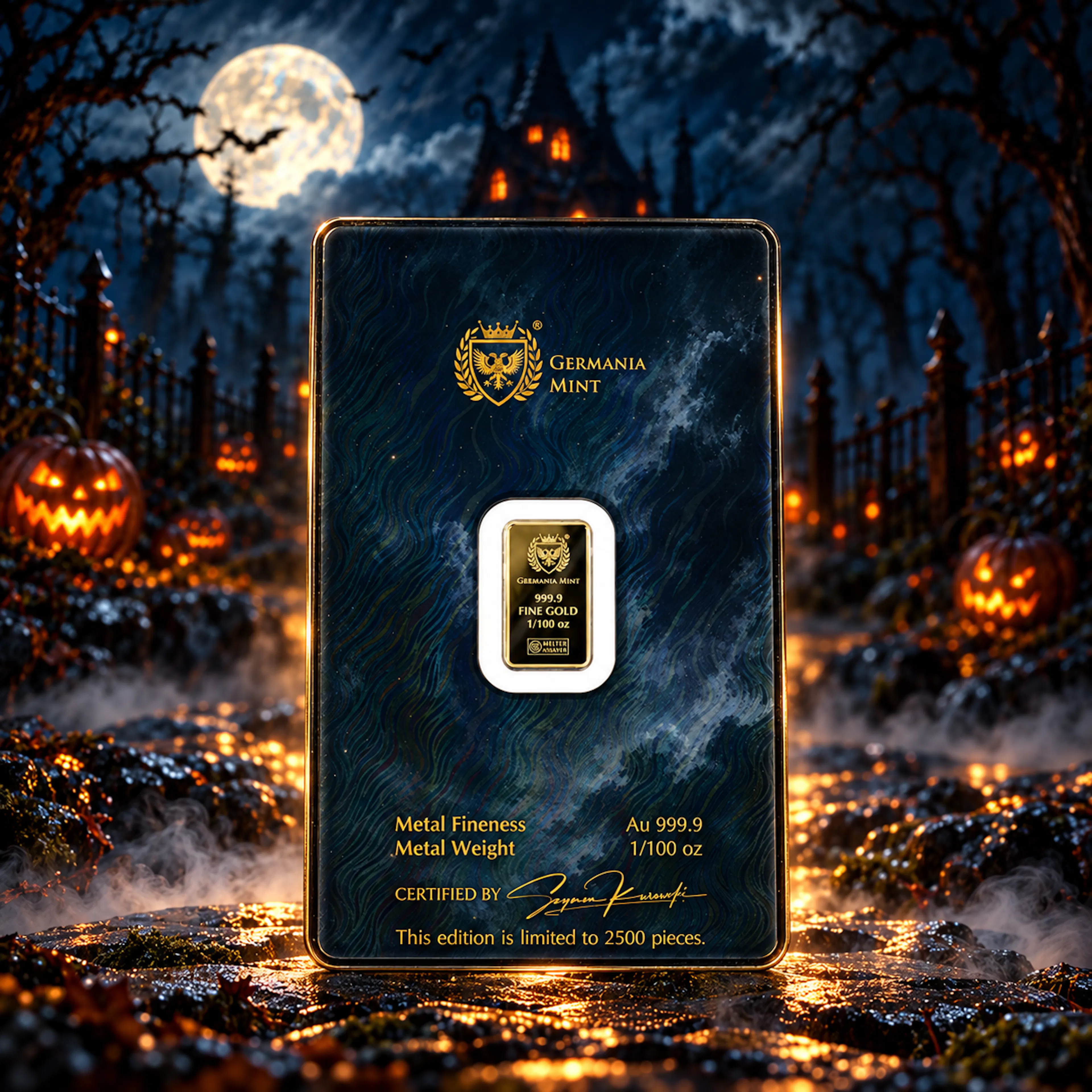 2026 1/100 oz Germania Mint Halloween Gold Bar in Halloween Safepack Back