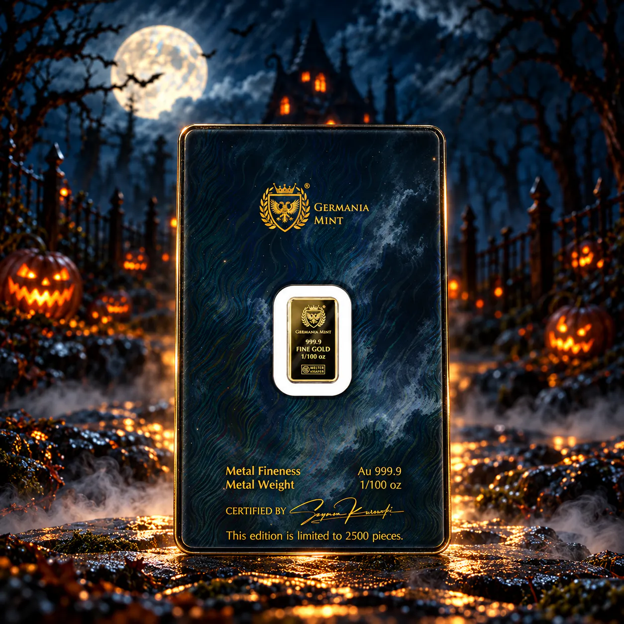 2026 1/100 oz Germania Mint Halloween Gold Bar in Halloween Safepack Back
