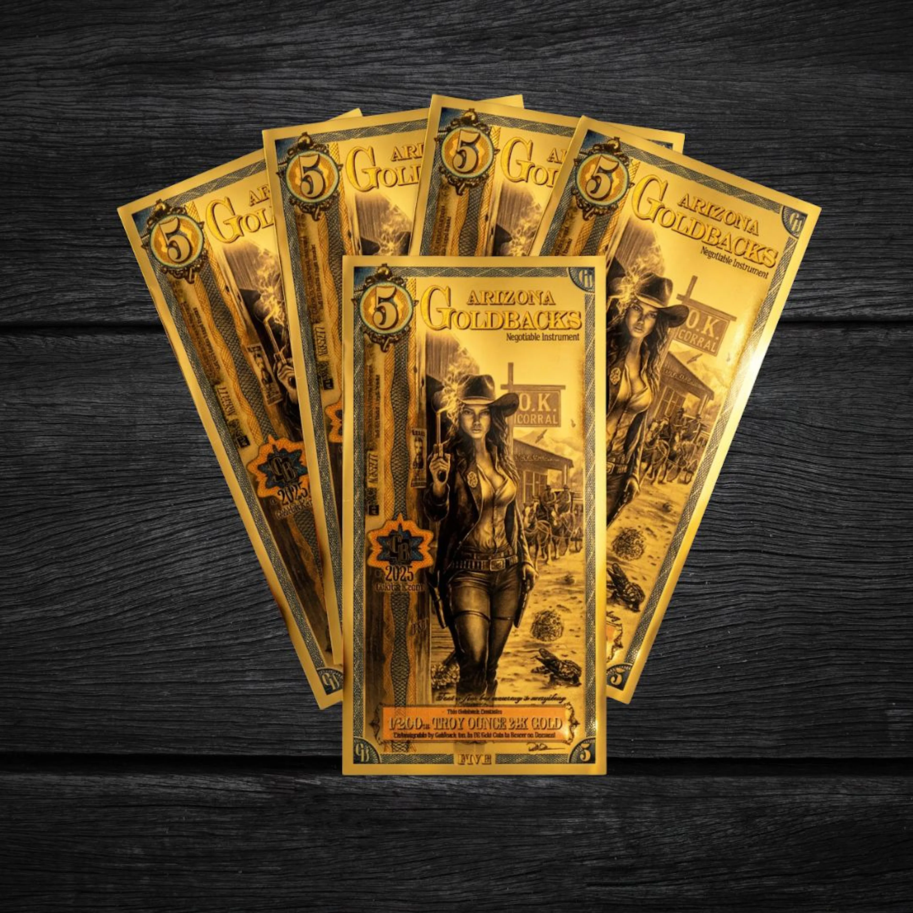 5 x "5" Arizona Goldbacks 24ct gold notes