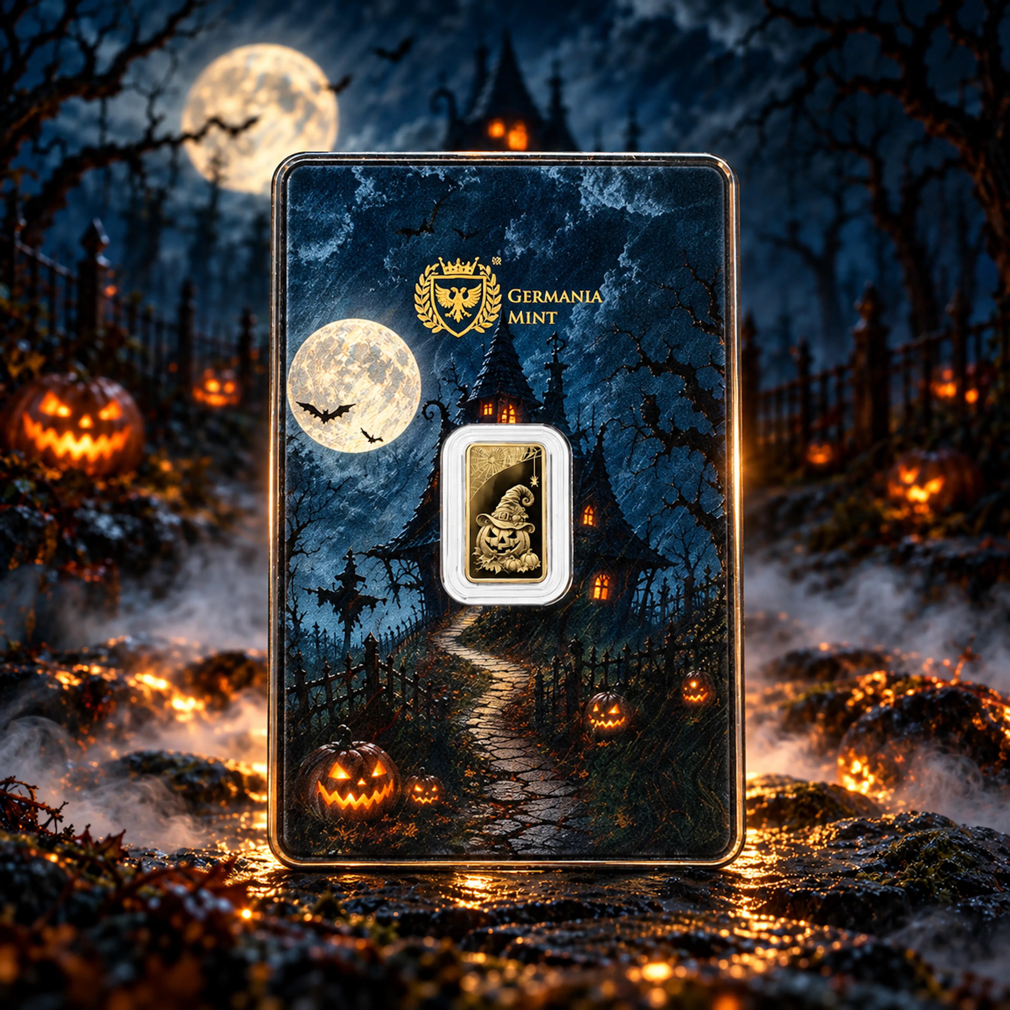 2026 1/100 oz Germania Mint Halloween Gold Bar in Halloween Safepack Front