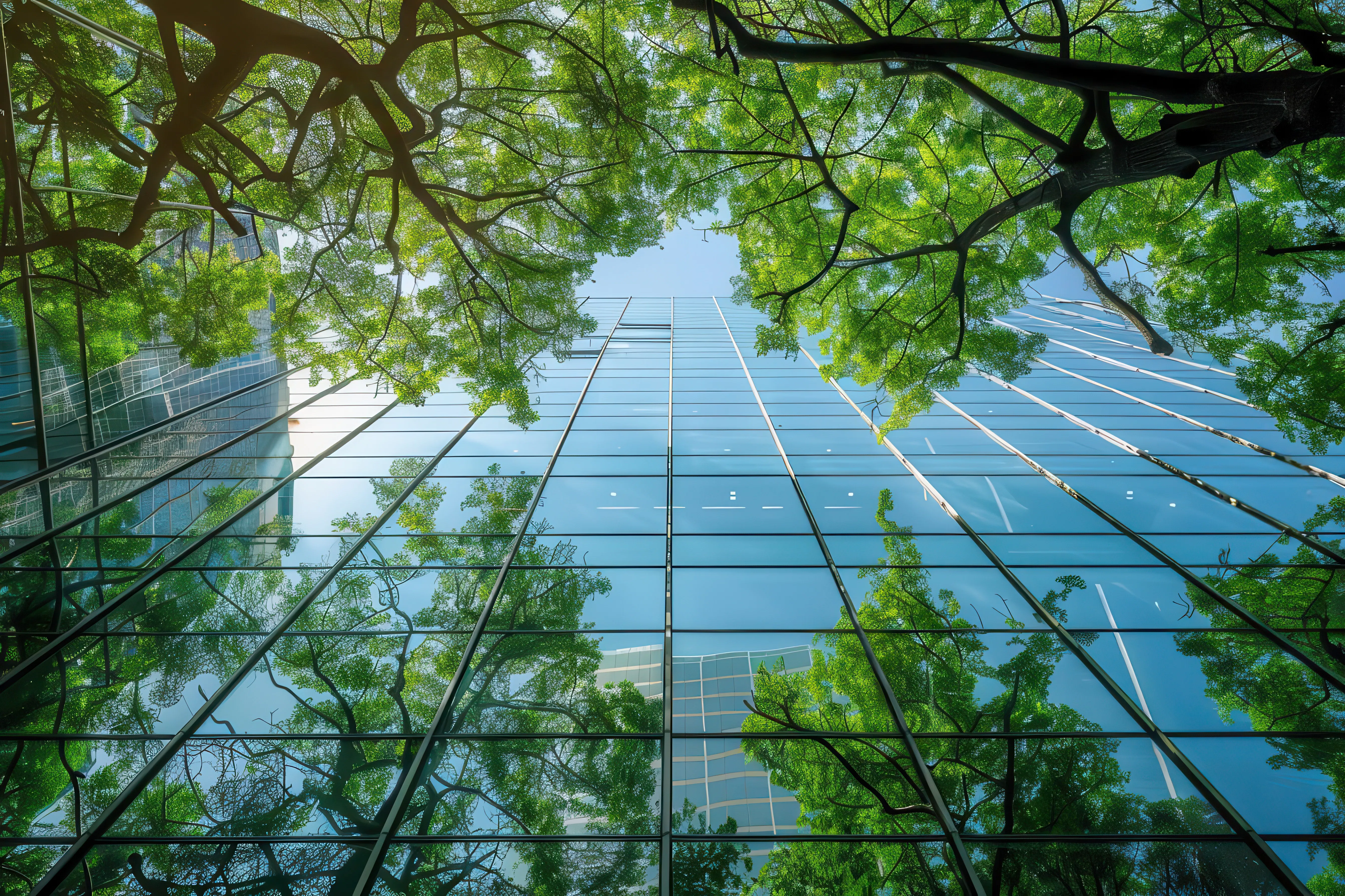 Trees viewed from below against a glass office tower