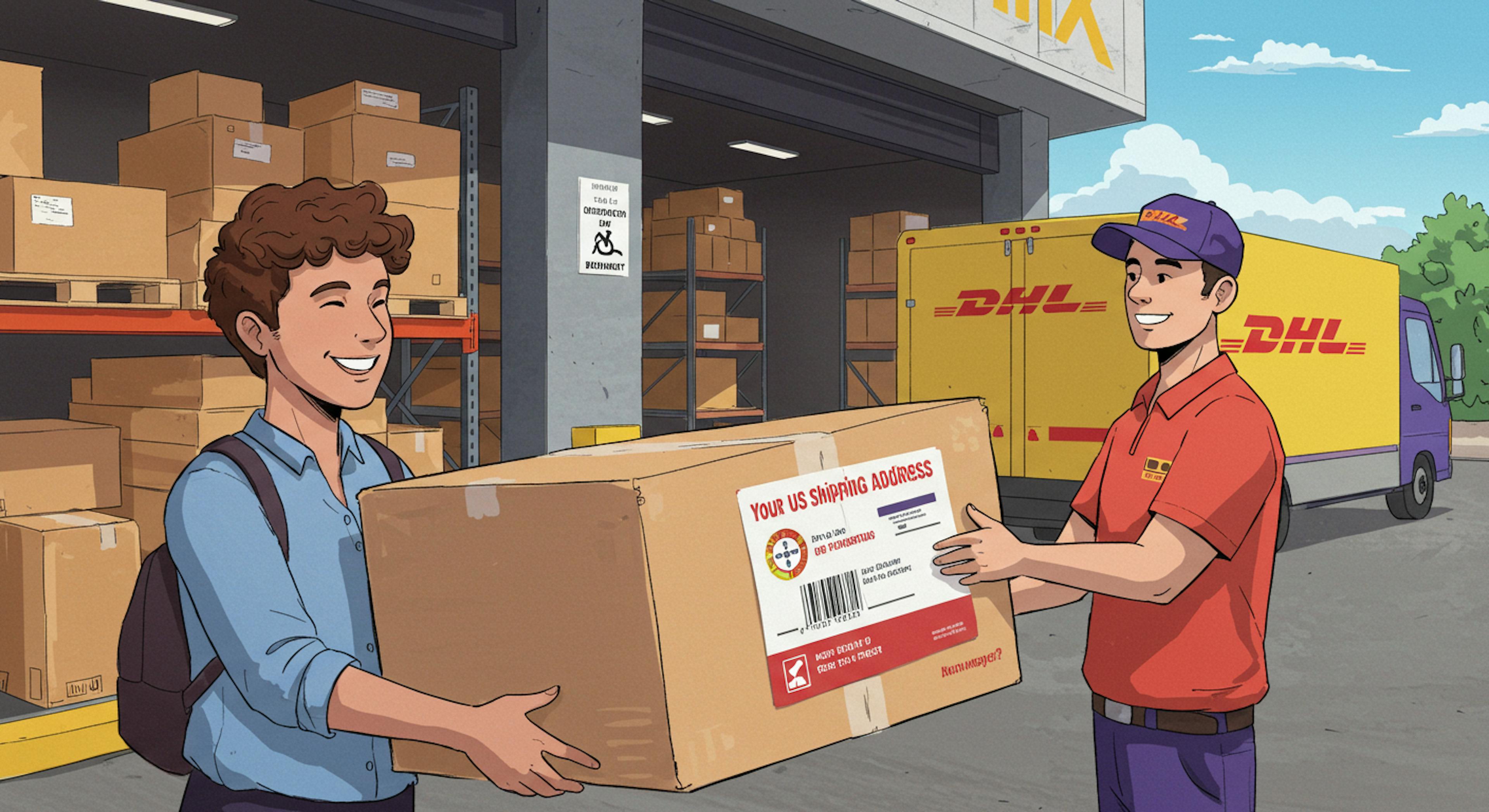 A  smiling DHL delivery person hands over a large package to a happy customer in front of a warehouse filled with cardboard boxes. A DHL delivery truck is parked nearby, and the package label shows “Your US Shipping Address.” 