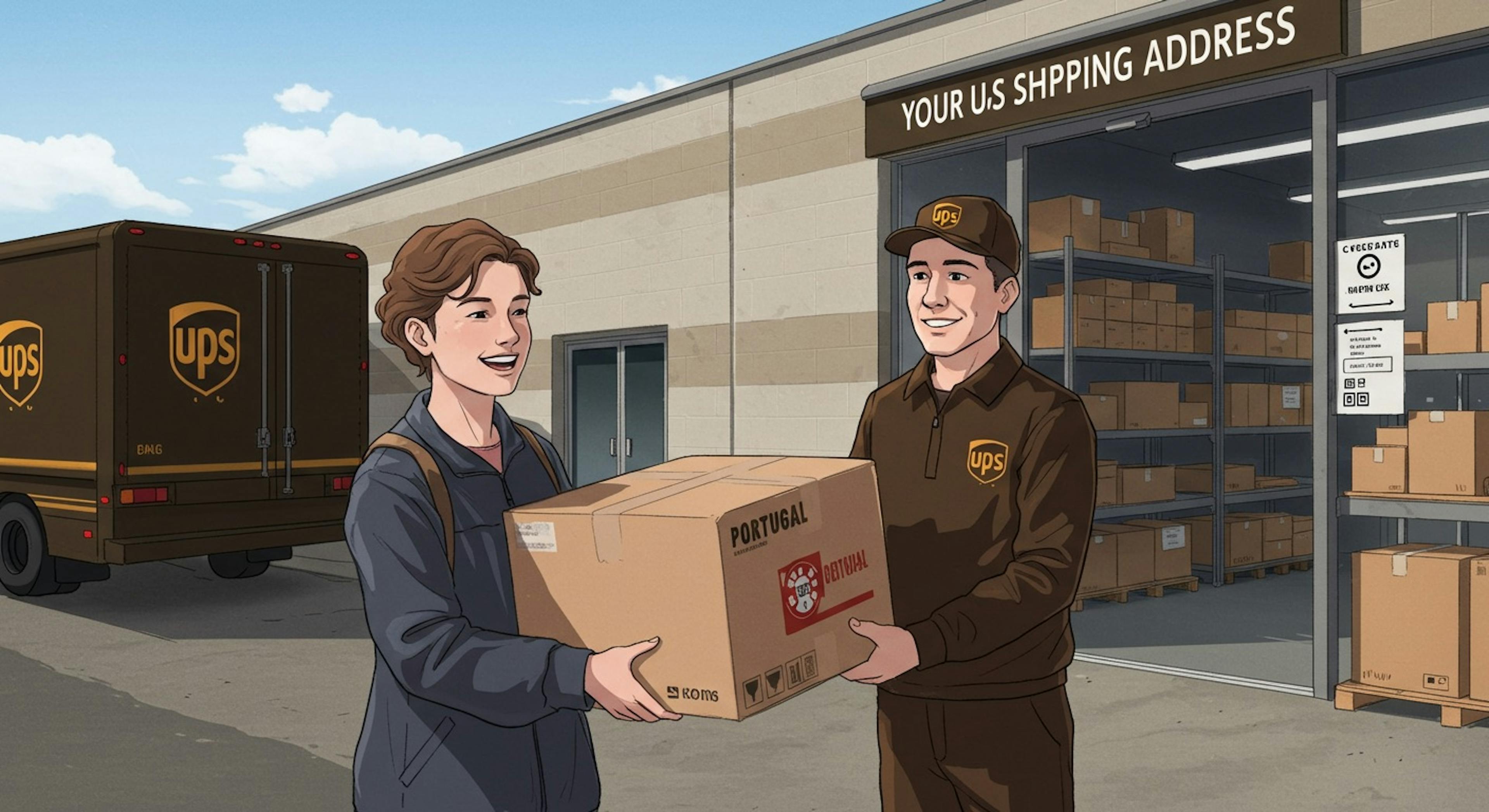 A smiling UPS delivery worker hands a package labeled “Portugal” to a happy customer outside a warehouse with shelves of boxes. A UPS truck is parked nearby, and a sign above the door reads “Your U.S. Shipping Address.