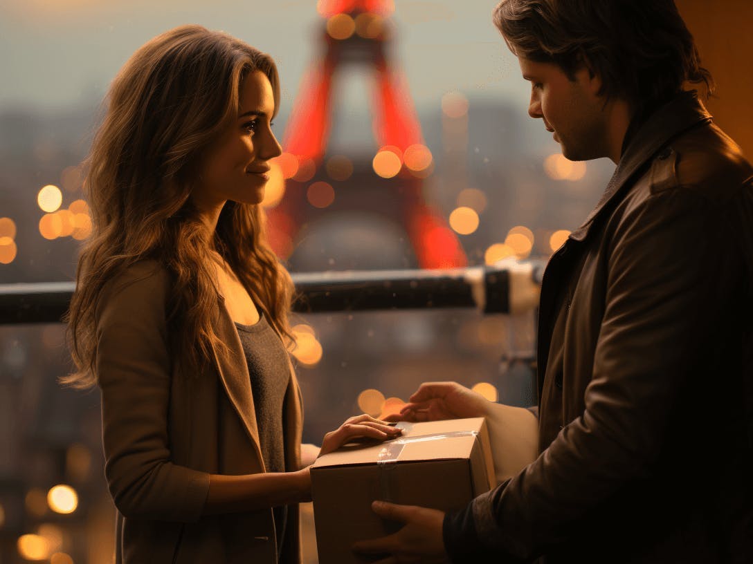 a young man and woman are holding a box in front of the eiffel tower