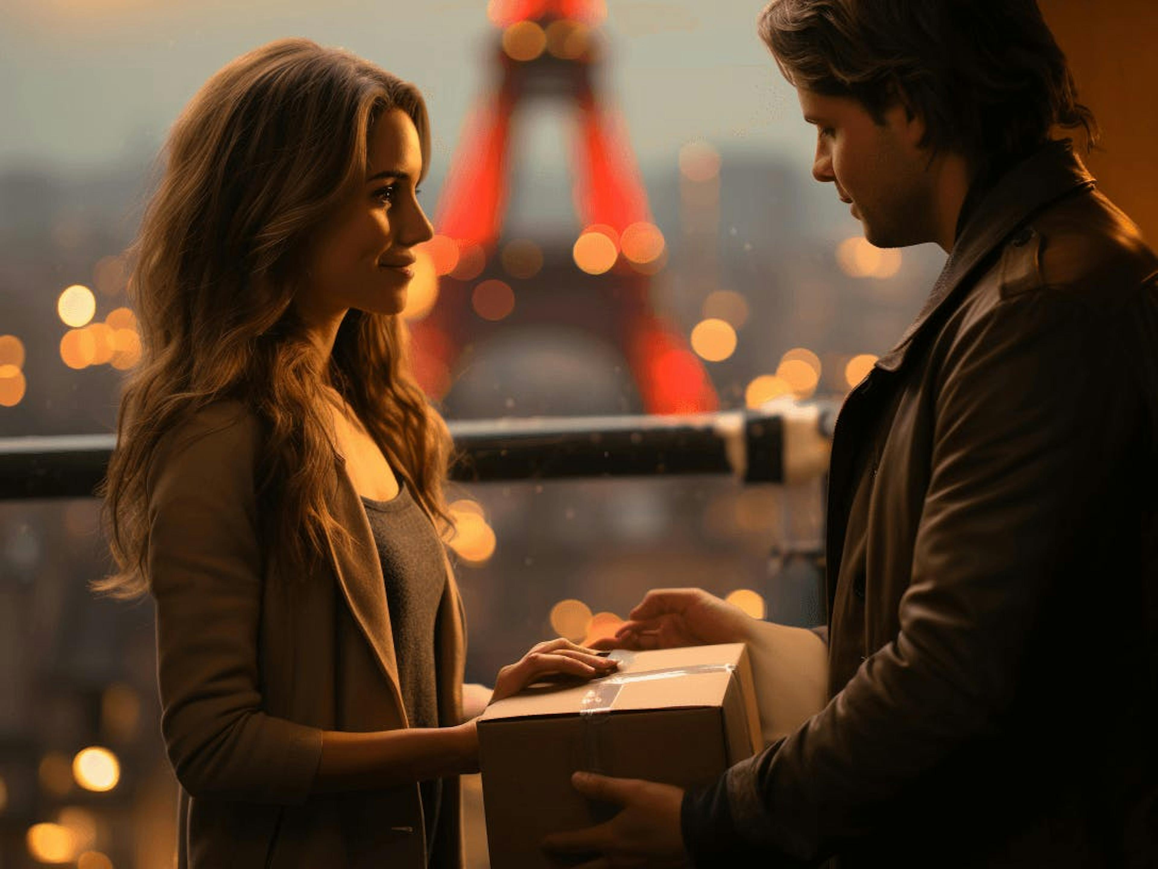 a young man and woman are holding a box in front of the eiffel tower