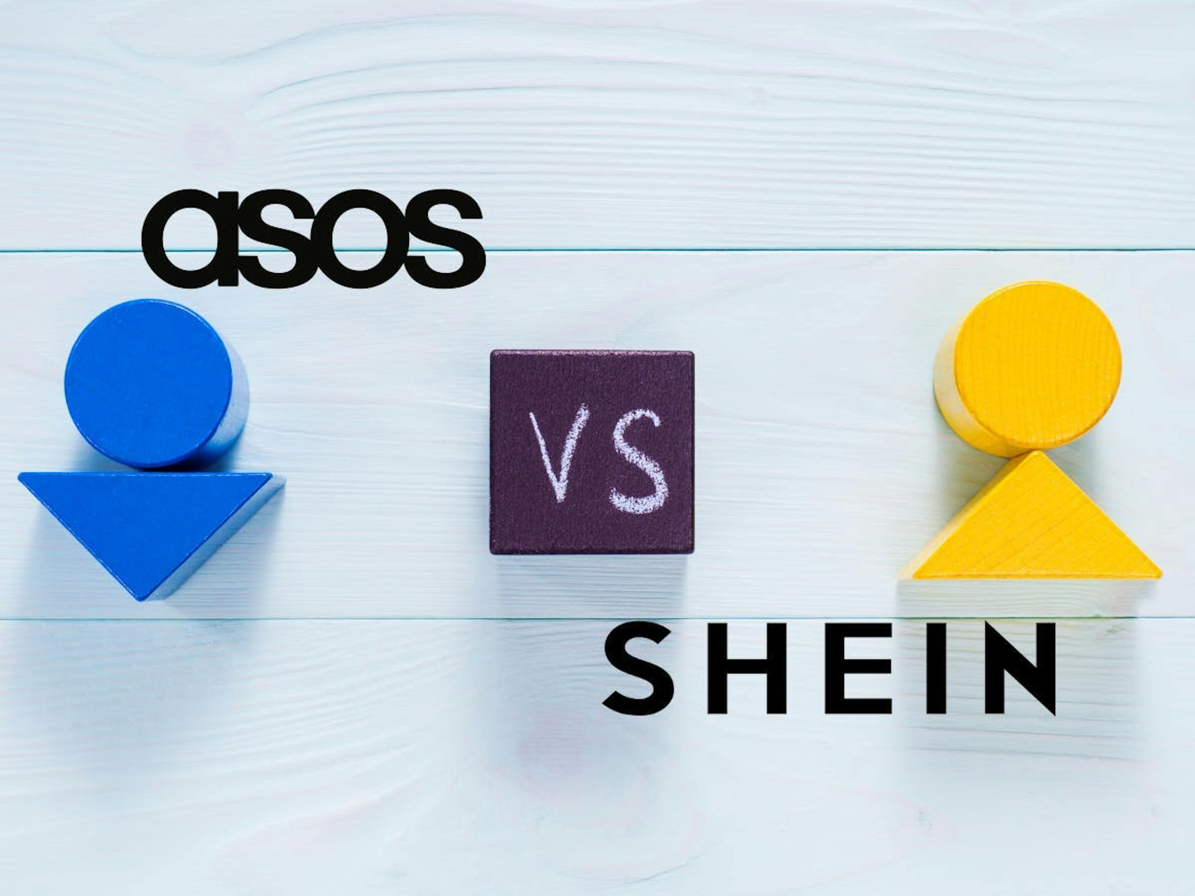 Two arrows one pointing down, and other pointing up, each arrow has a brand name on it. One of them is ASOS, other one is Shein. 