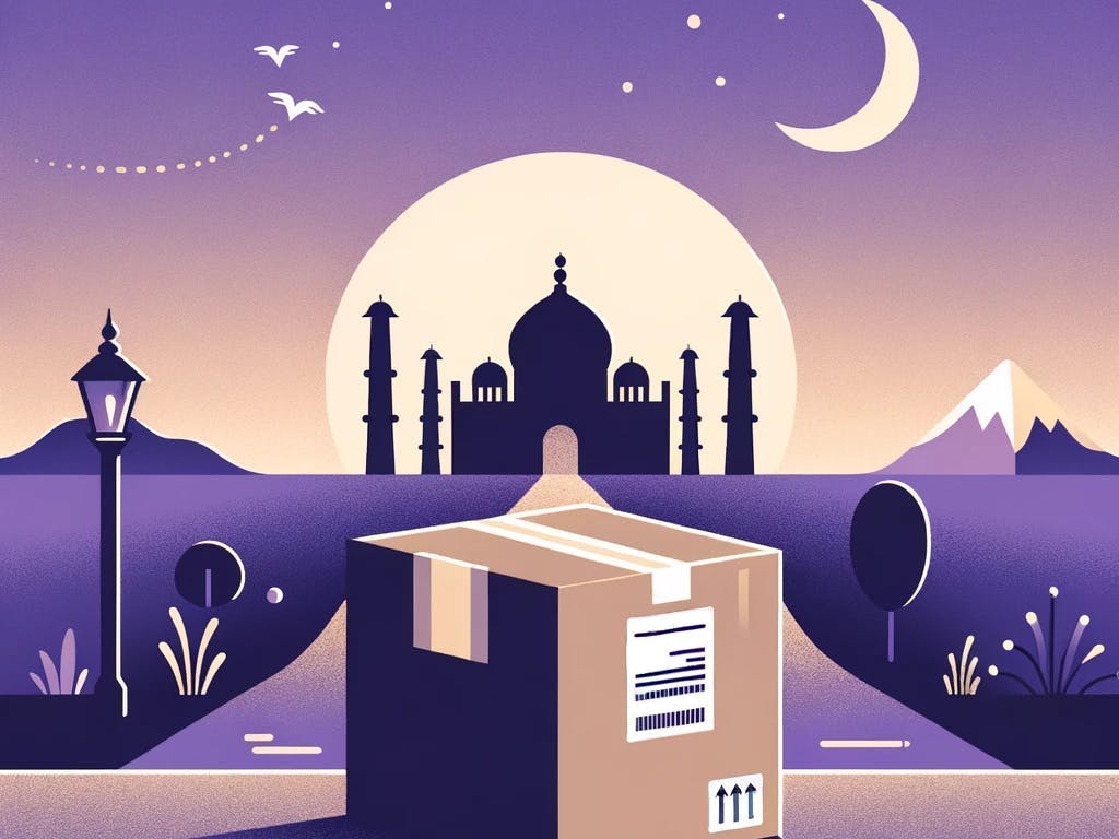 shipping a package from the US to India, featuring a minimalist Indian landscape in the background