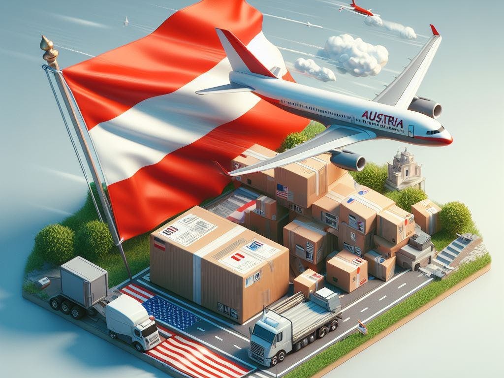 A plane and shipping packages in front of the Austria flag.