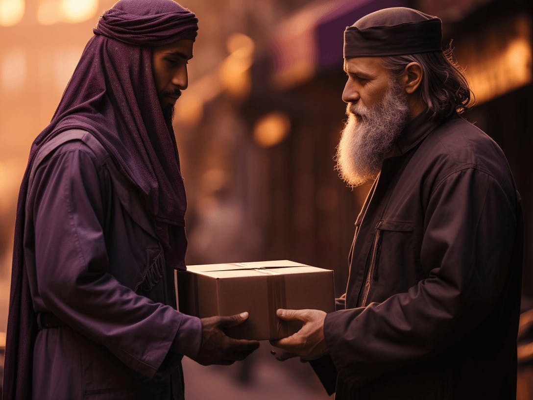 two men hand in hand a gifts accompanied with prayer,