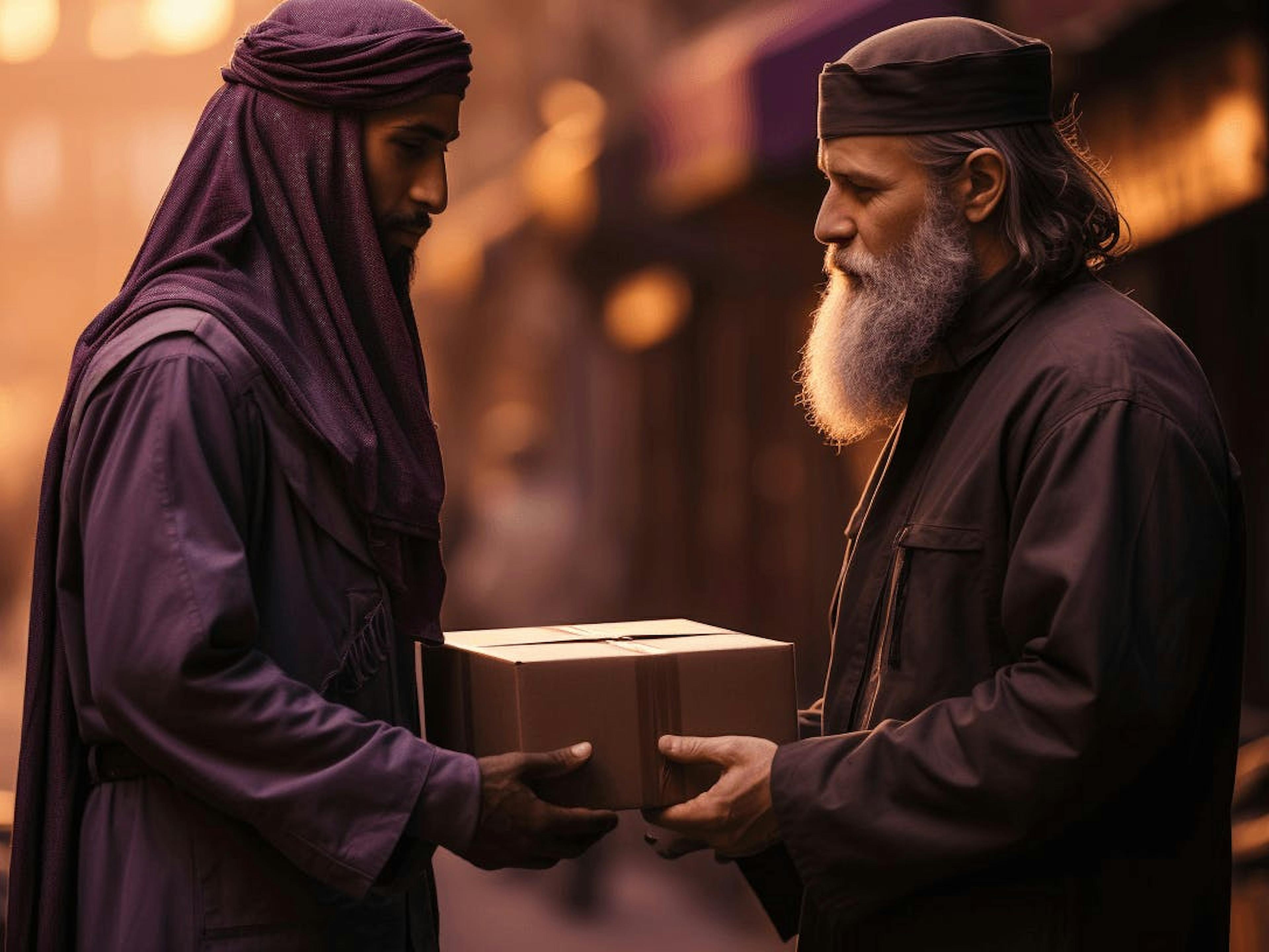 two men hand in hand a gifts accompanied with prayer,