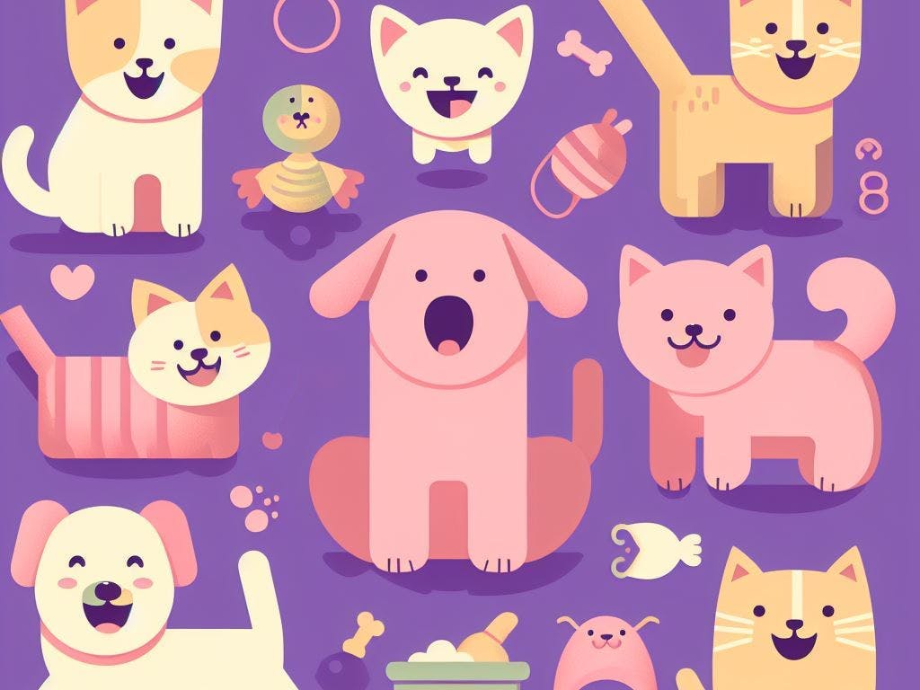 Pets on a purple background.