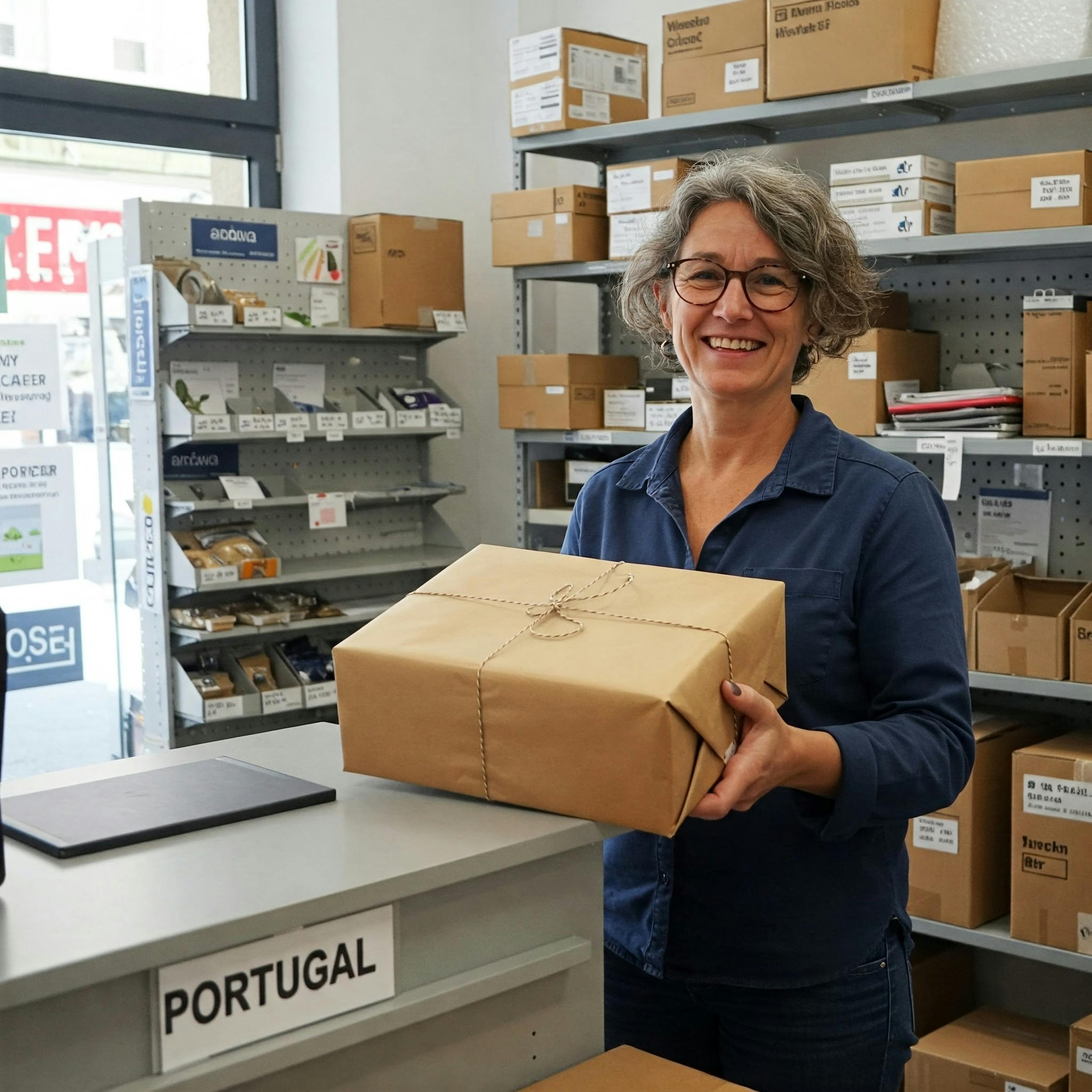 A package shipped to Portugal is received by a happy woman. 
