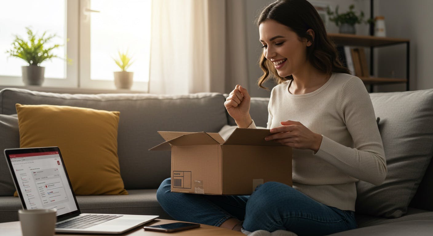 A smiling woman opens a package while sitting on a couch with a laptop nearby.