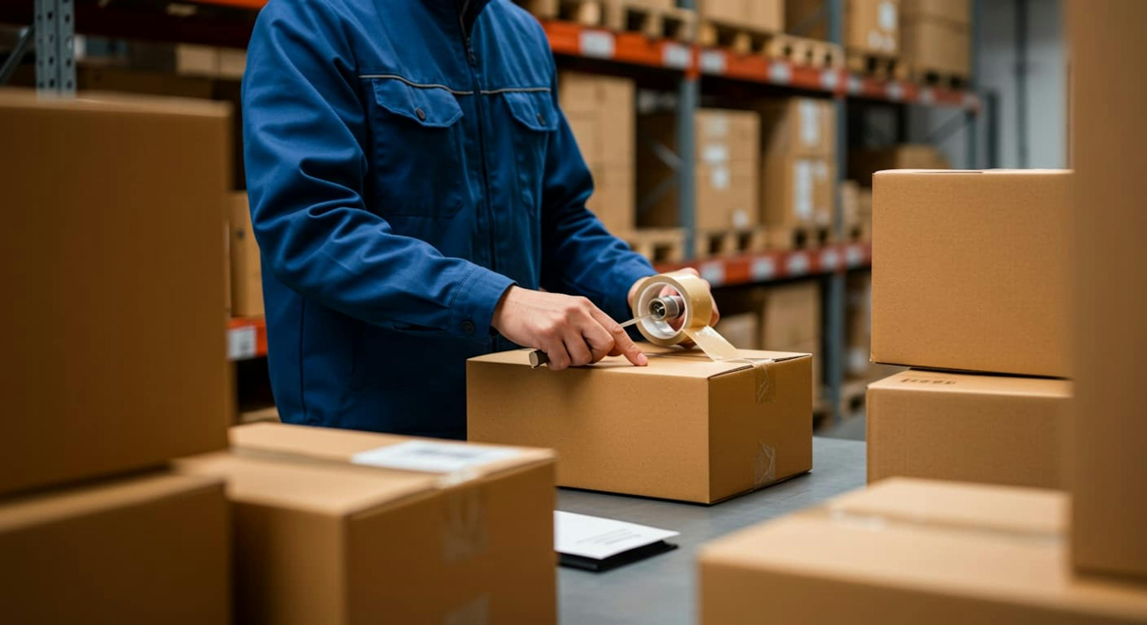 A worker in a blue uniform seals a cardboard box in a warehouse.