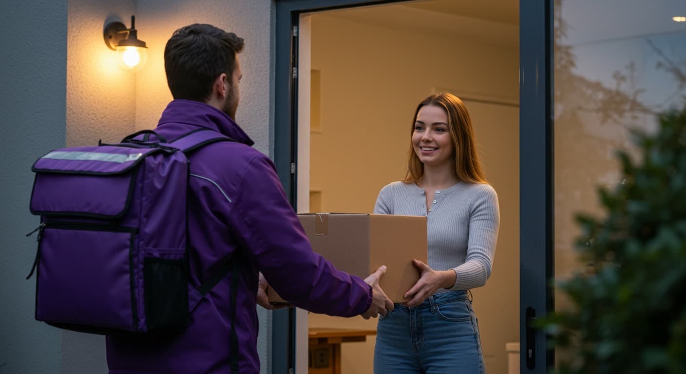 A delivery courier hands a package to a smiling woman at her doorstep.