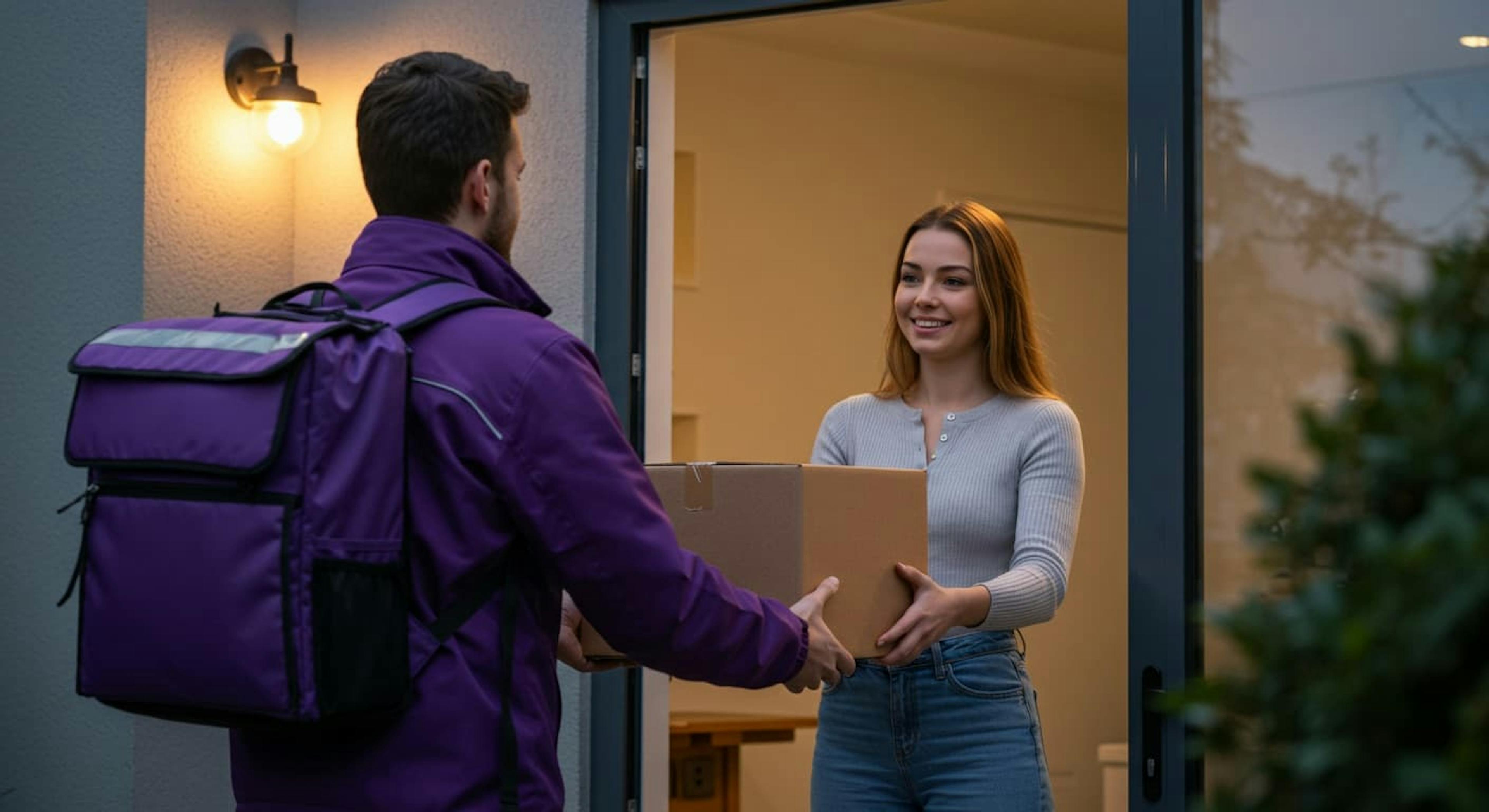 A delivery courier hands a package to a smiling woman at her doorstep.