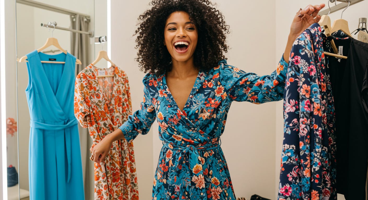 A woman holding happy on a dressing cabin.