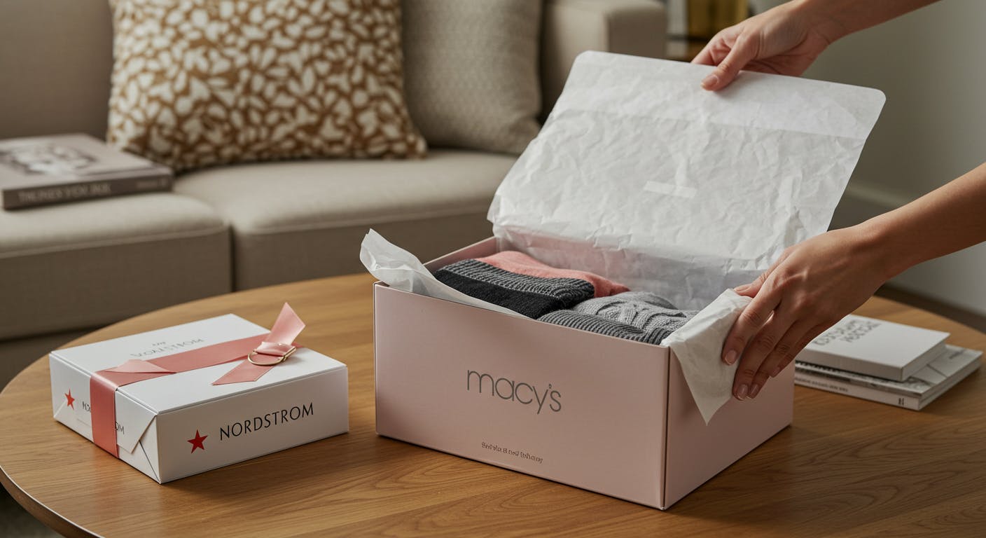 Two boxes on a table. One of them is from Macys, and other one from Nordstrom.