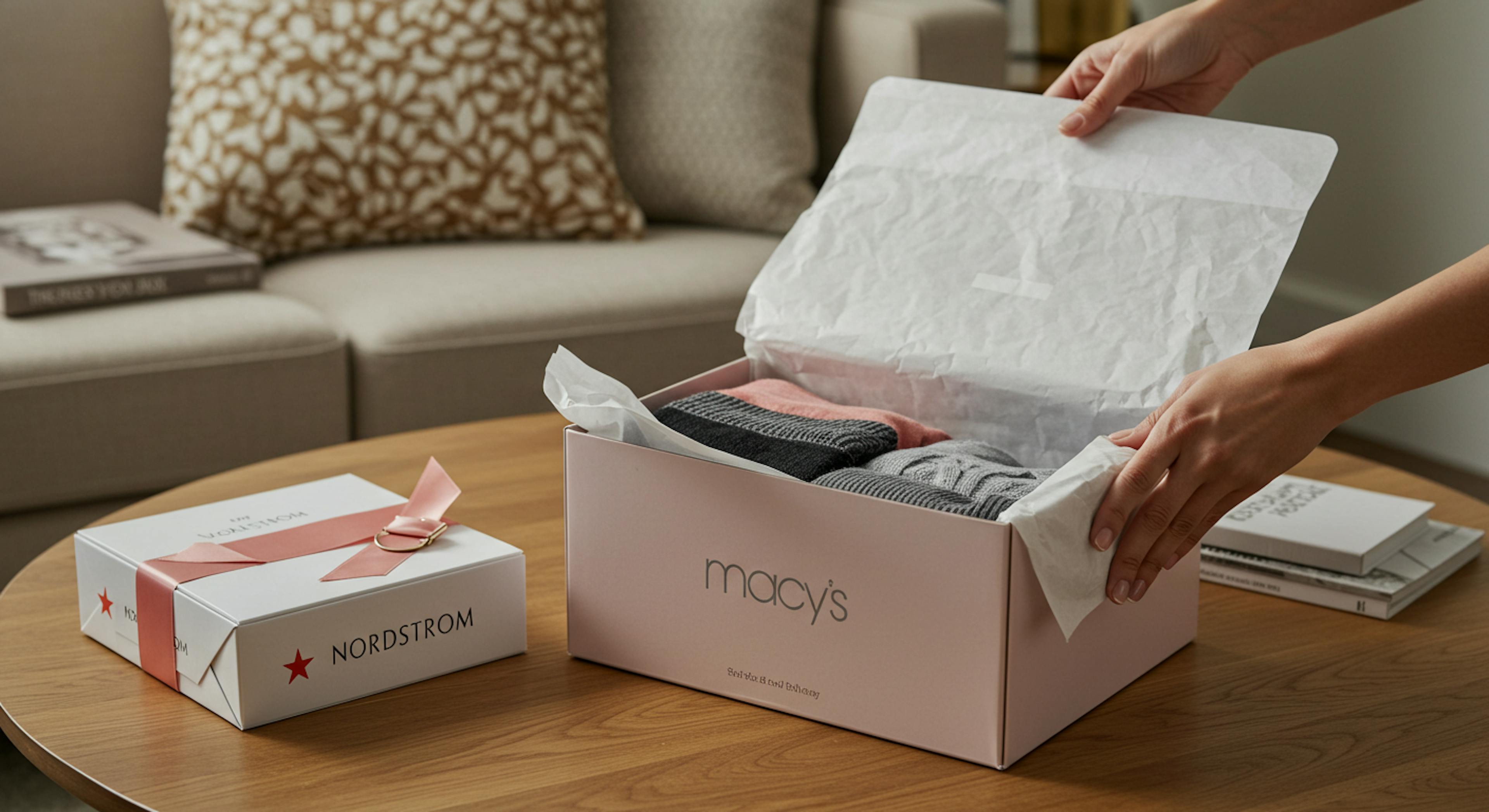 Two boxes on a table. One of them is from Macys, and other one from Nordstrom. 