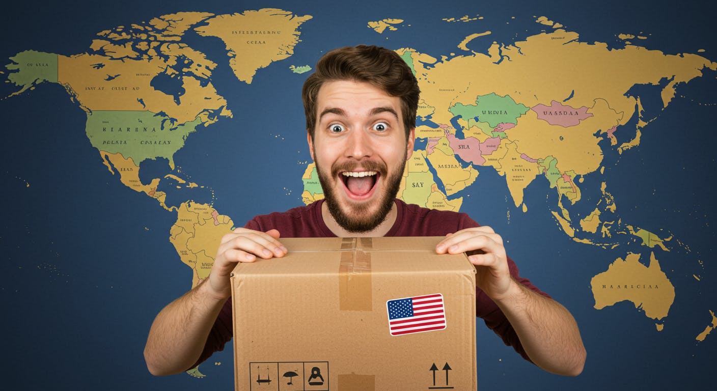 A person happily opening a package that has a US flag sticker on it, with a world map in the background, digital art, vibrant colors, friendly illustration style.