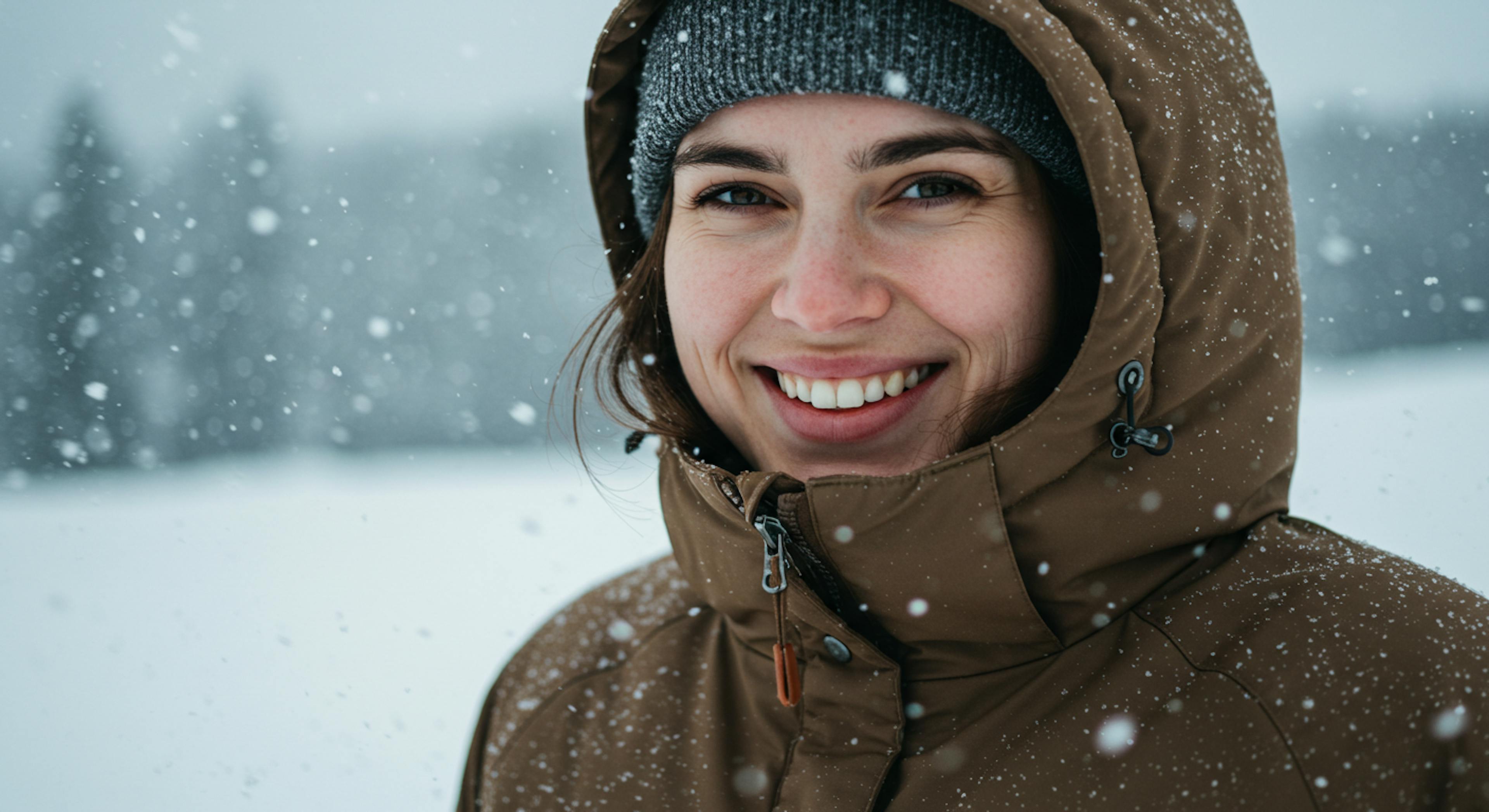 Close-up of a smiling person wearing a stylish winter jacket, standing in a snowy landscape with a soft, blurred background. The person is looking directly at the camera with a warm, inviting expression. Focus on the texture of the jacket and the snowflakes in the air. Style: Photo, high resolution, realistic, natural lighting.