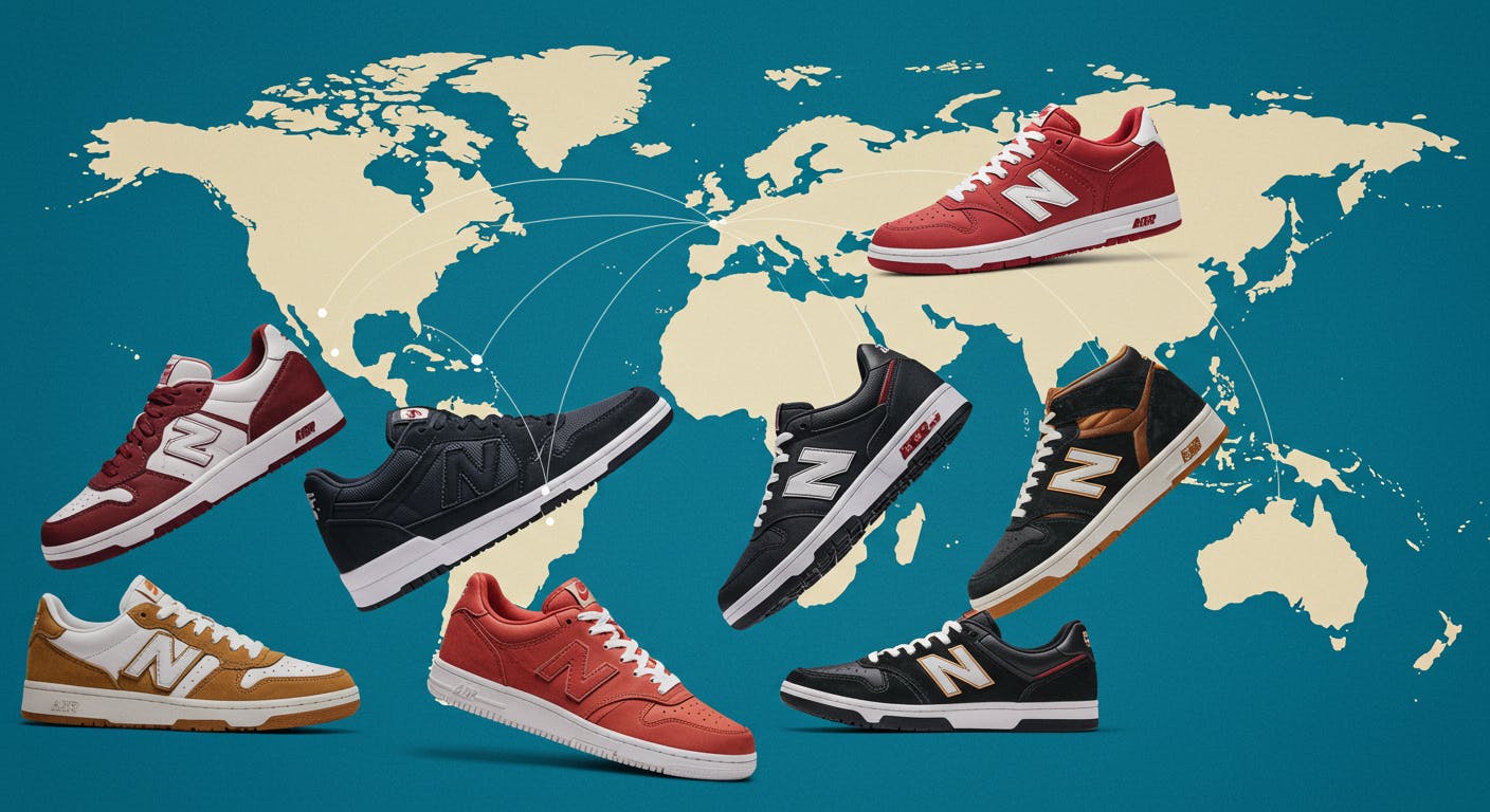 A collage of popular, colorful sneakers from brands like Nike, Adidas, and New Balance, arranged in a dynamic, eye-catching way.