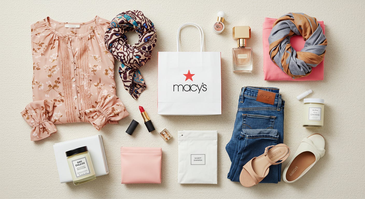 a vibrant and inviting flat lay photo showcasing a diverse collection of products purchased from Macy's.