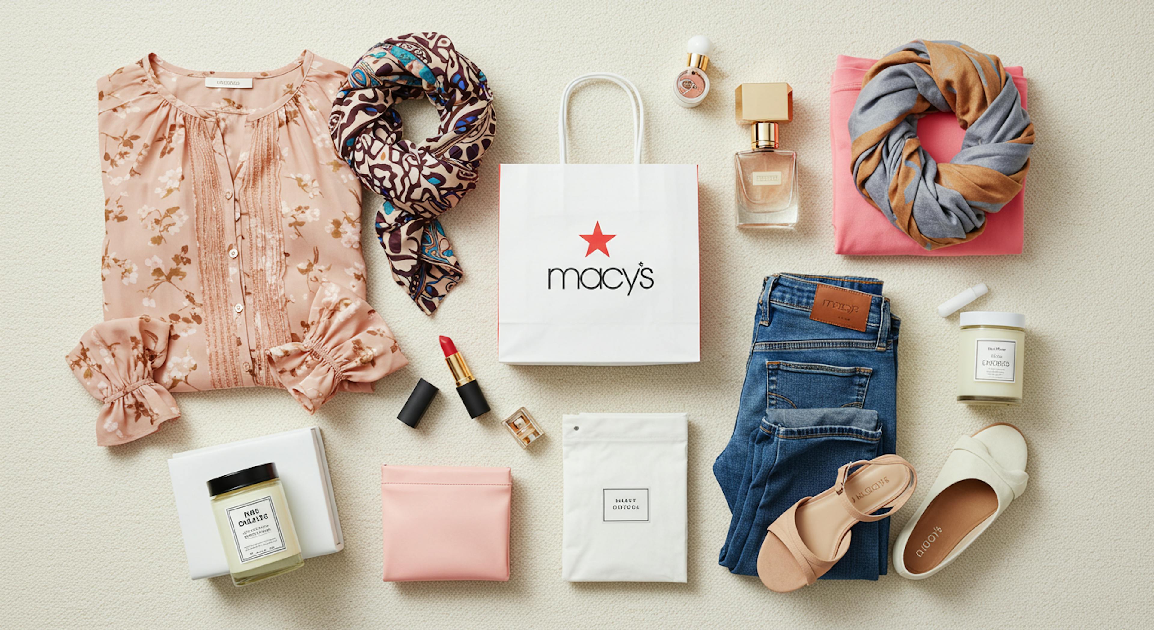 a vibrant and inviting flat lay photo showcasing a diverse collection of products purchased from Macy's.
