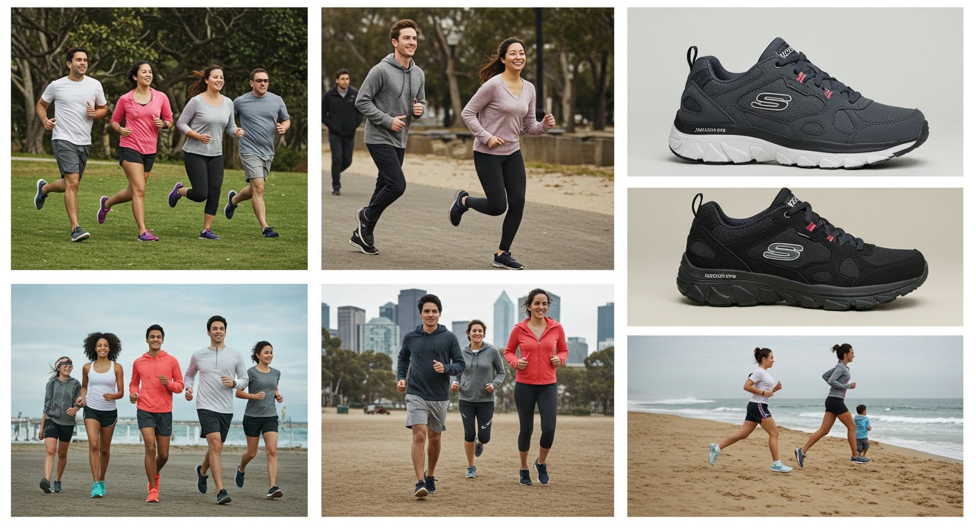 A diverse group of people of different ages and ethnicities, happily walking and running.