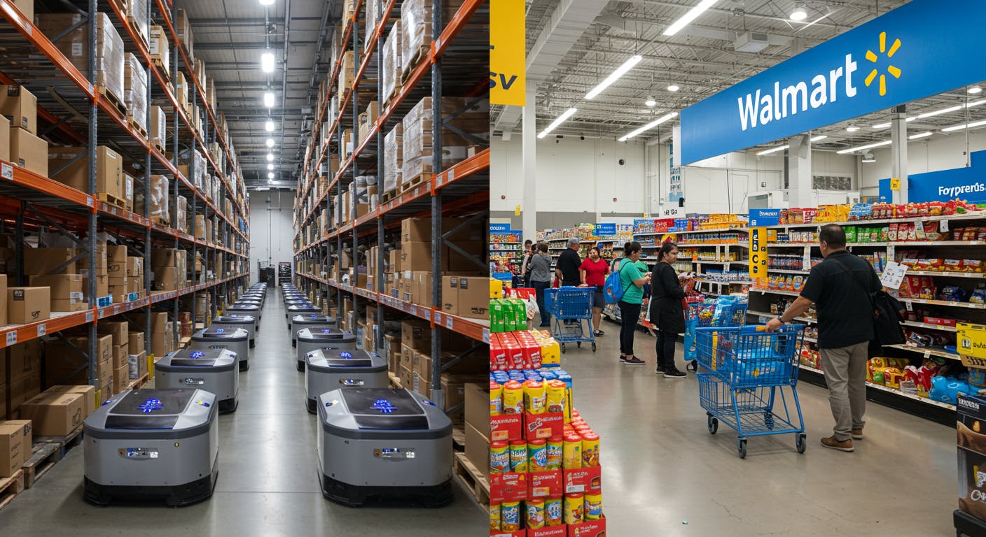 A split image. On one side, a vibrant, bustling Amazon warehouse with robots and packages moving quickly. On the other side, a friendly, bright Walmart store interior with shoppers browsing groceries and other everyday items.