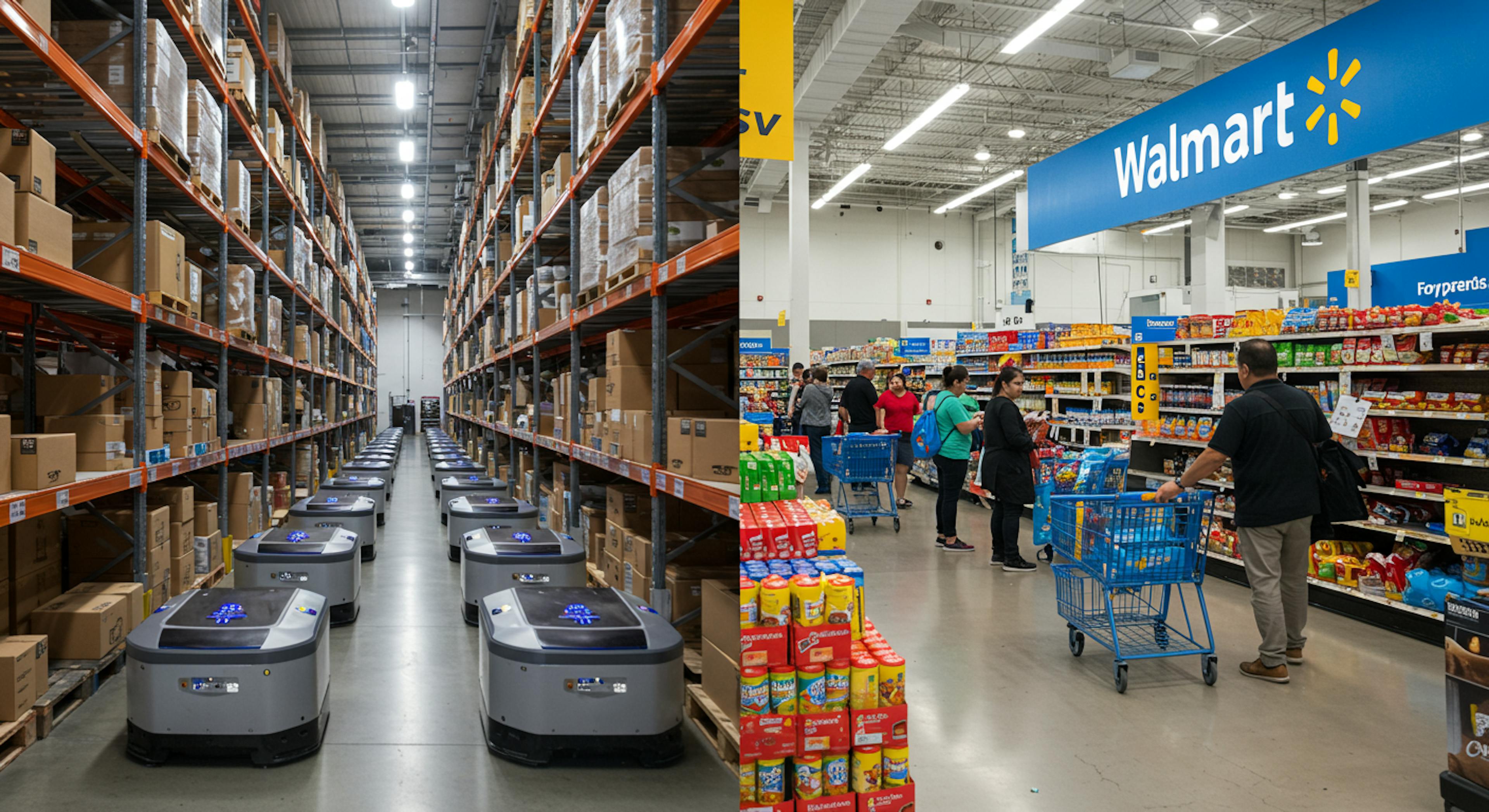 A split image. On one side, a vibrant, bustling Amazon warehouse with robots and packages moving quickly. On the other side, a friendly, bright Walmart store interior with shoppers browsing groceries and other everyday items. 