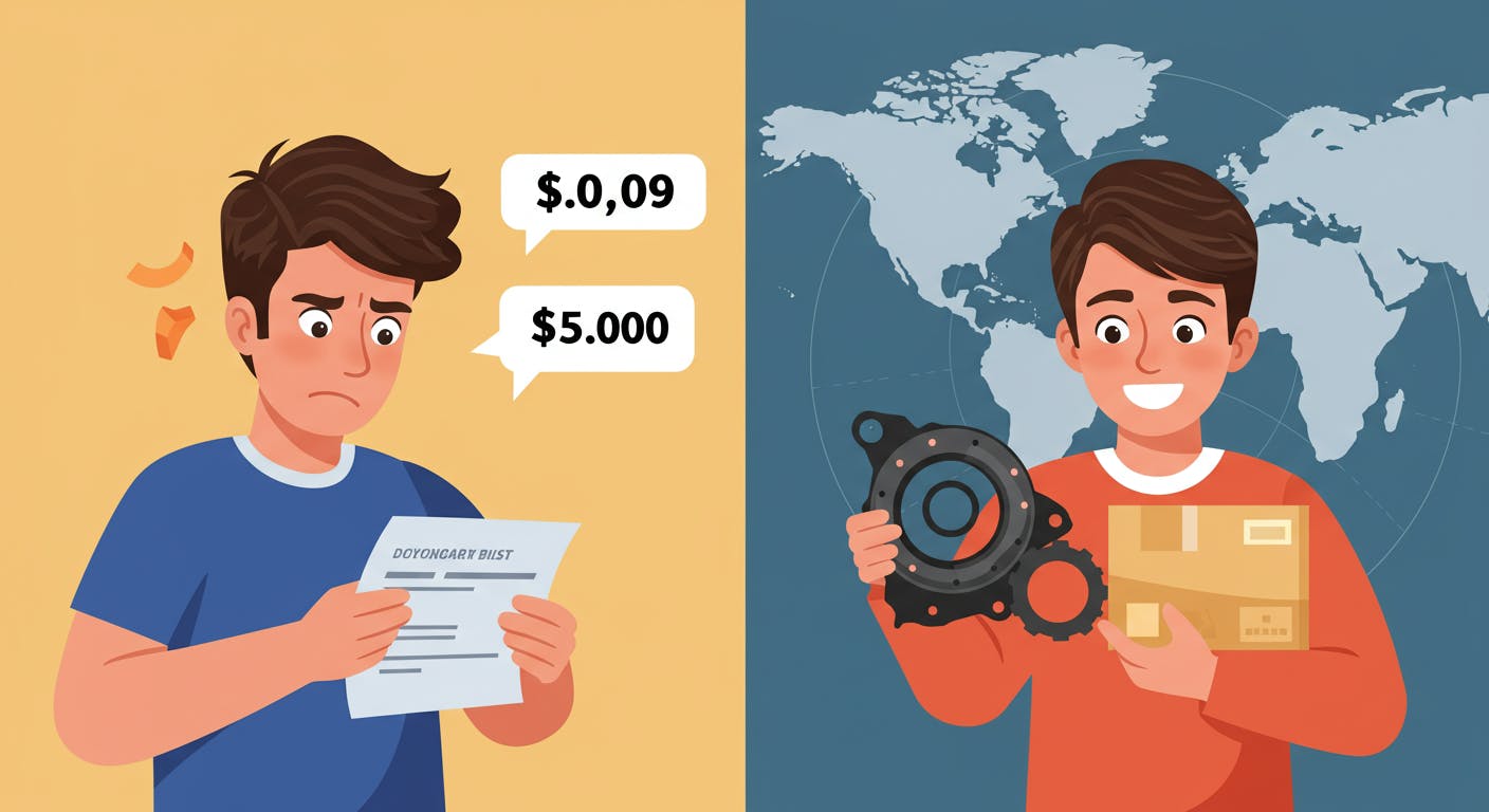 A split-screen image. On one side, a frustrated person looking at a car repair bill with an exorbitant price. On the other side, the same person smiling, holding a newly delivered car part.