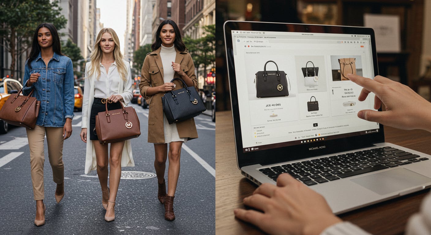 A split image. On the left side, show a diverse group of stylish people confidently walking down a busy city street, each carrying a different Michael Kors handbag