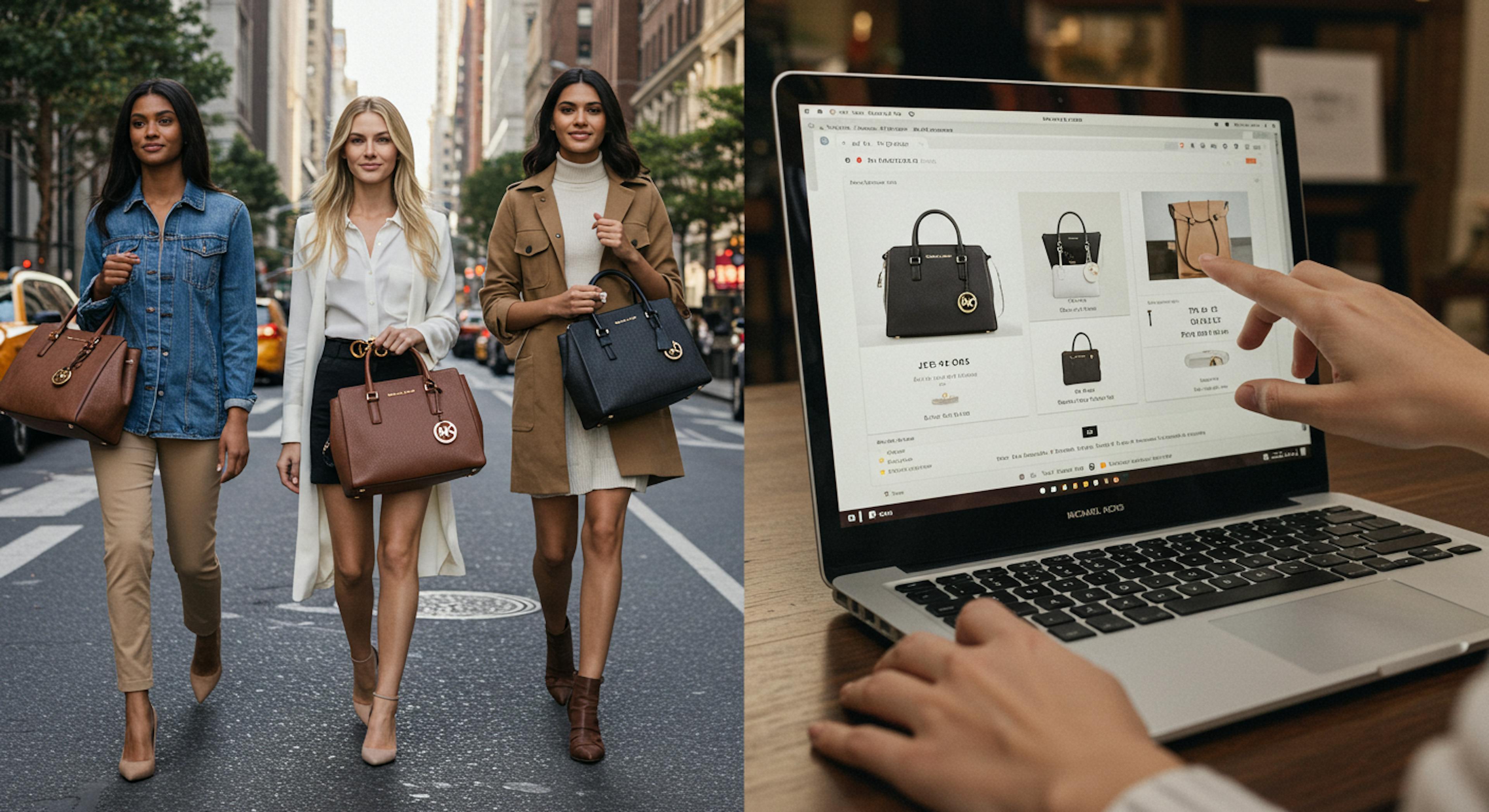 A split image. On the left side, show a diverse group of stylish people confidently walking down a busy city street, each carrying a different Michael Kors handbag 