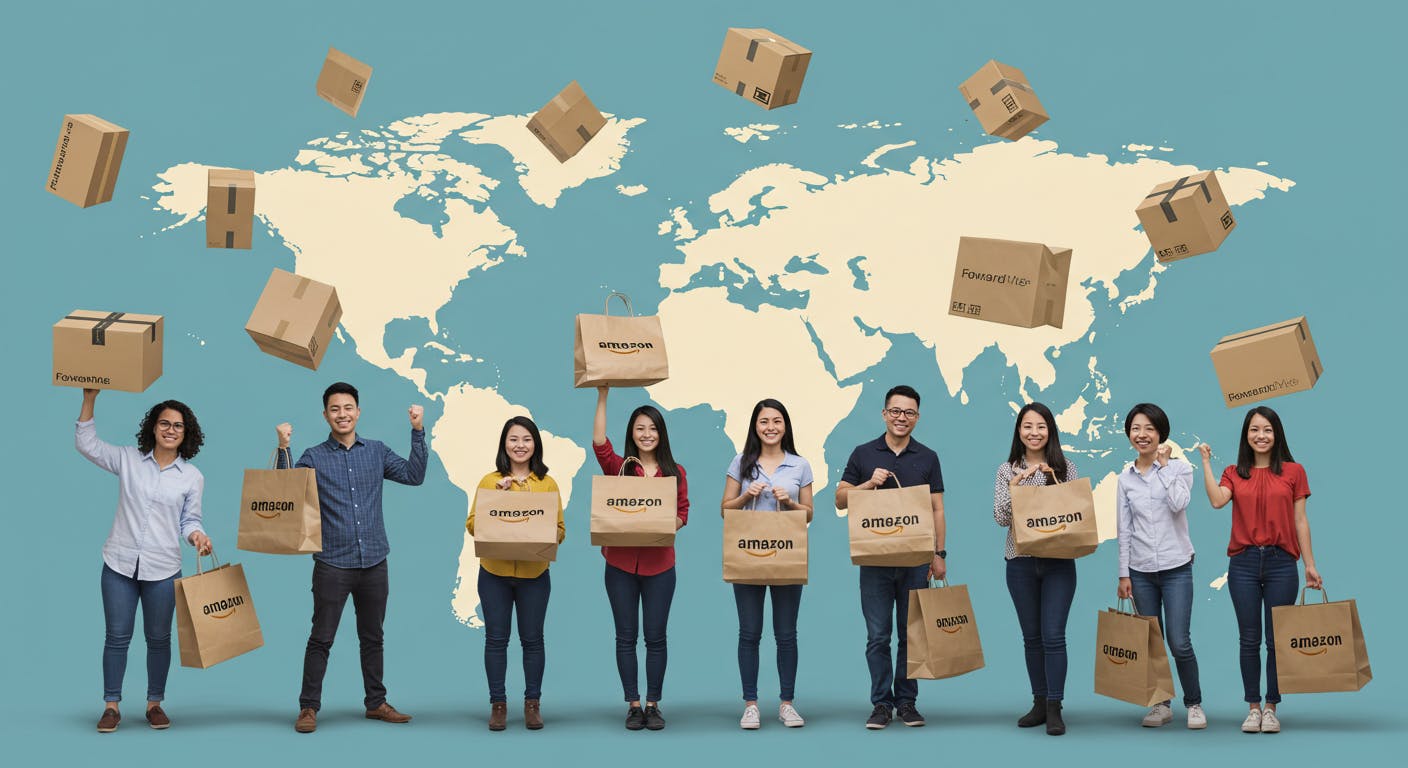A diverse group of happy people from around the world, each holding a shopping bag with the Amazon logo, standing in front of a stylized world map.