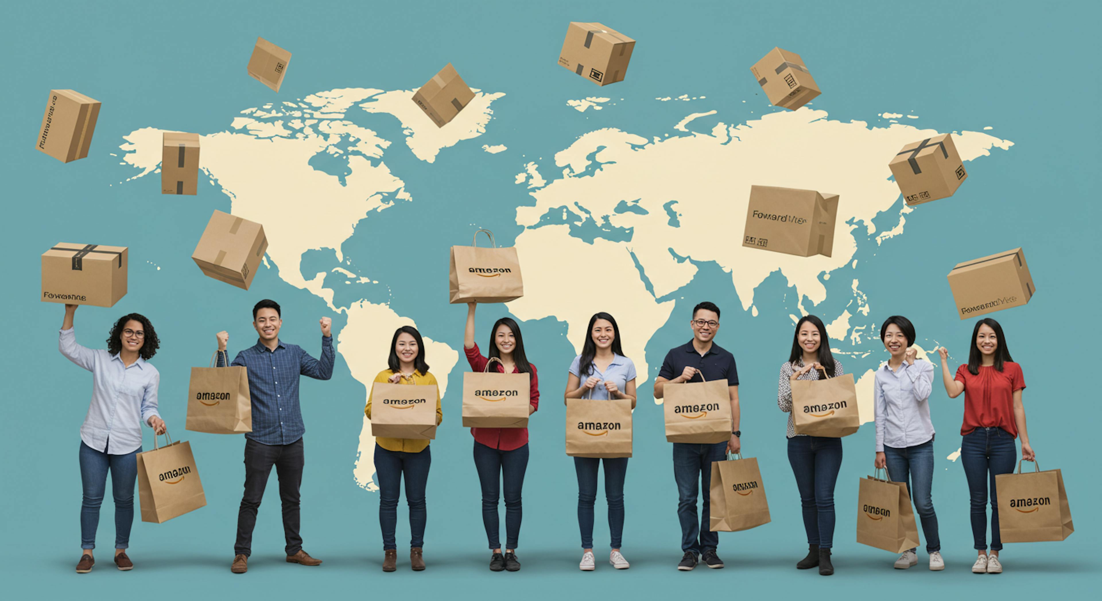 A diverse group of happy people from around the world, each holding a shopping bag with the Amazon logo, standing in front of a stylized world map.