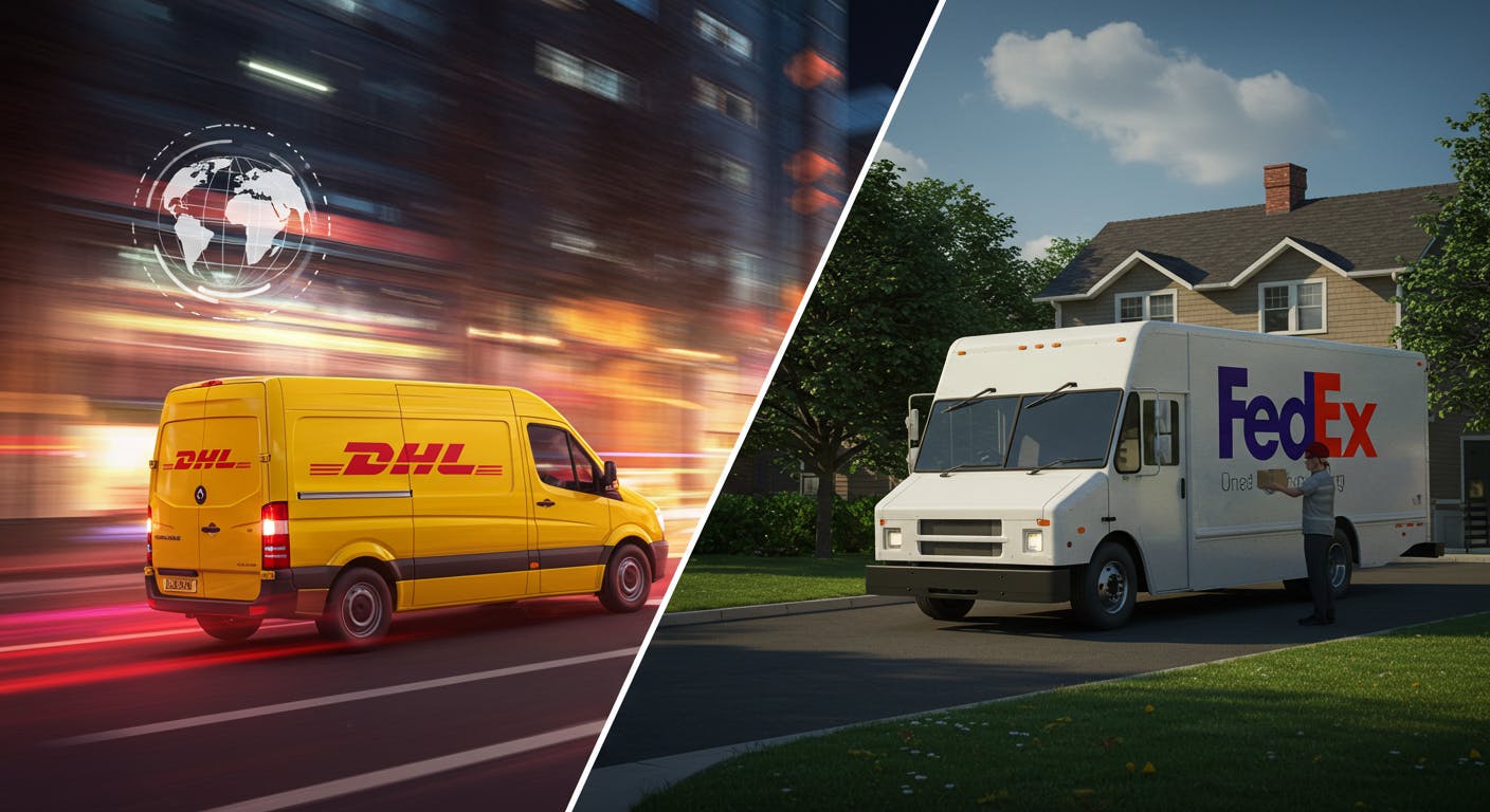 A split-screen illustration. On one side, a DHL delivery van speeding through a vibrant, international cityscape. The van is surrounded by blurred lights, suggesting rapid movement.