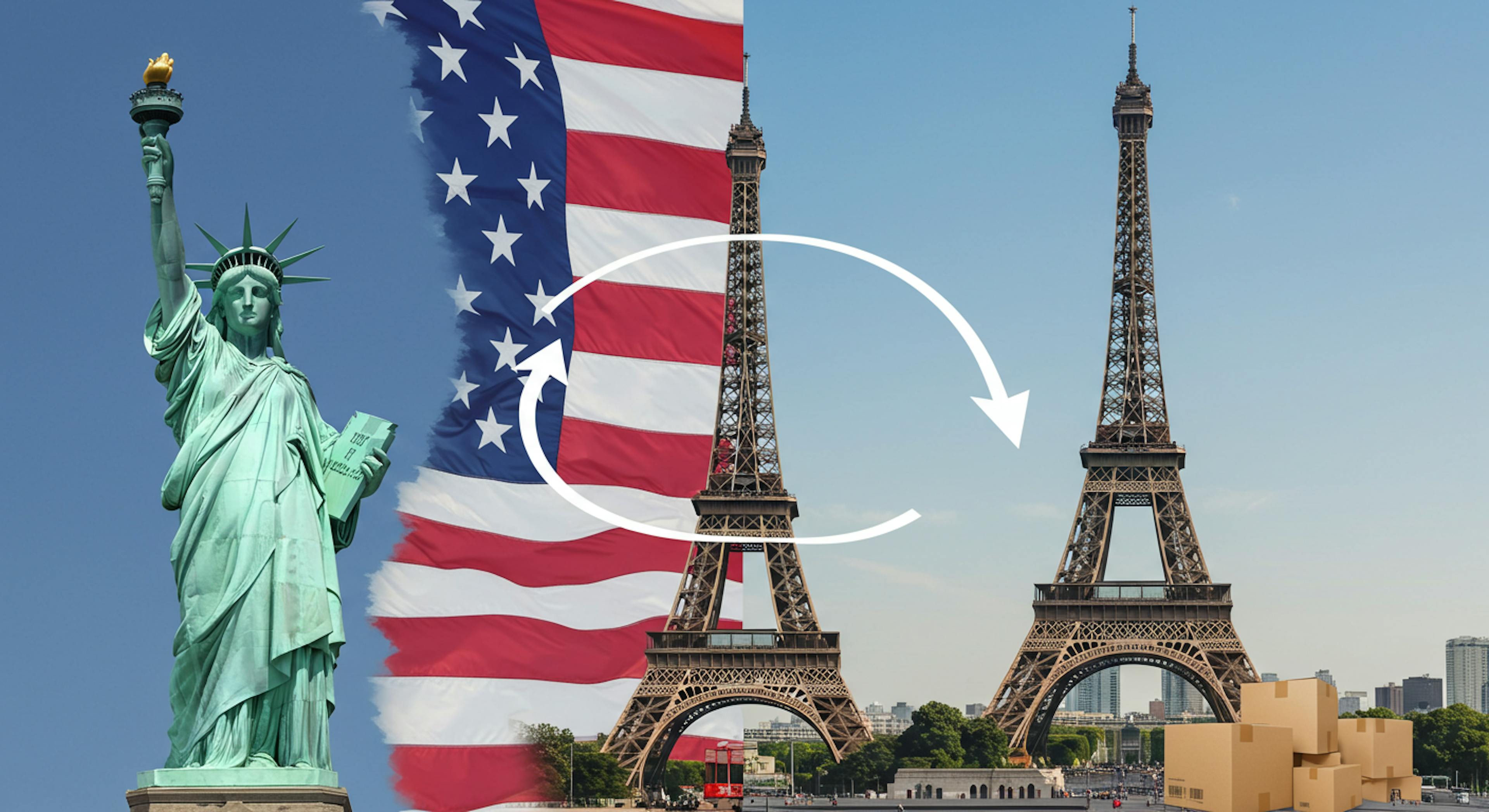 An image showing the Statue of Liberty and a shopping cart on one side, and the Eiffel Tower with a delivered package on the other. 