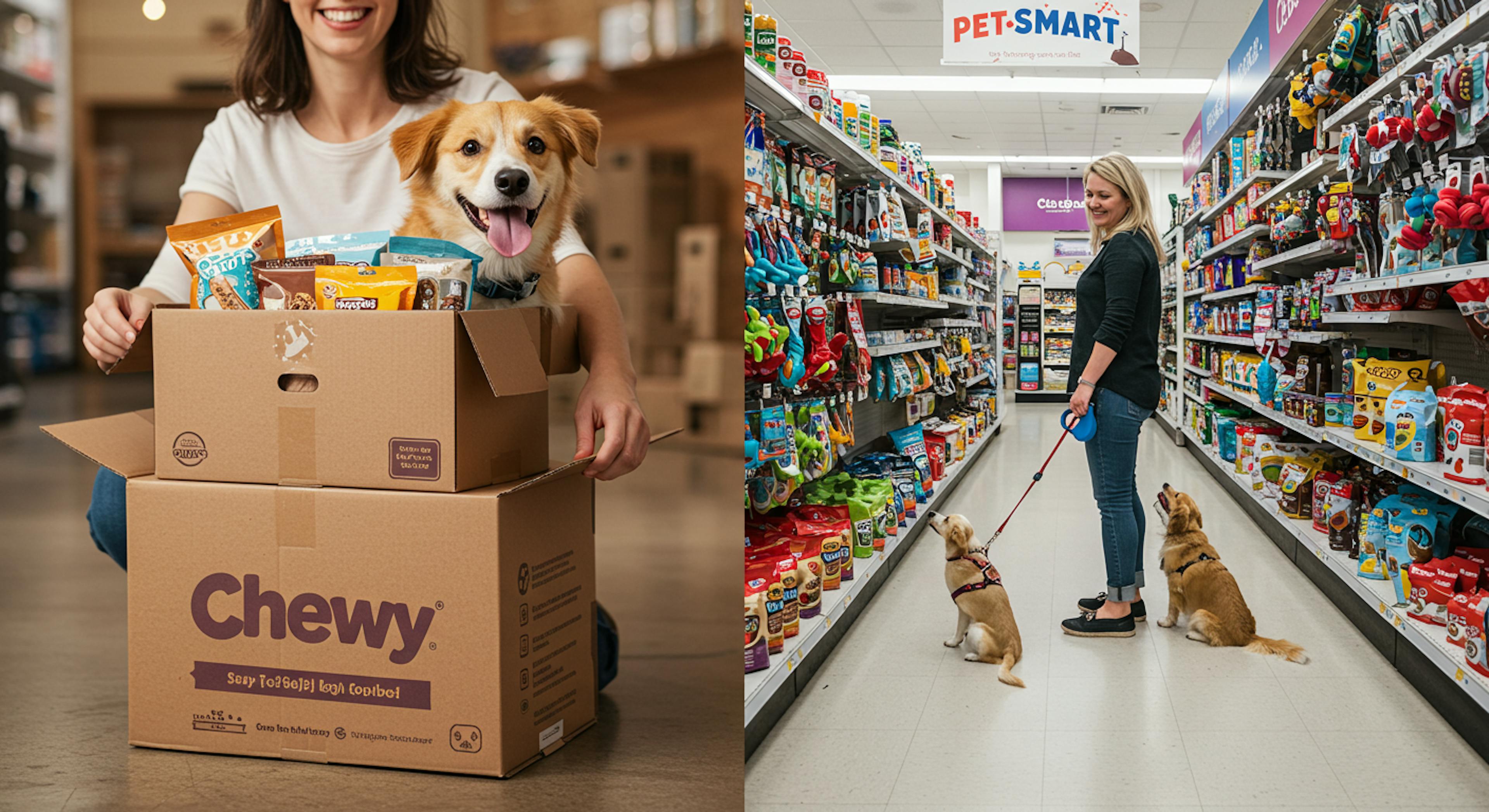 On one side, a happy dog owner is receiving a Chewy box at their doorstep, with the dog excitedly wagging its tail. On the other side, a person is browsing in a bright, well-stocked PetSmart store, looking at dog toys with their dog on a leash. The overall tone should be cheerful and inviting, and use bright, warm colors. 