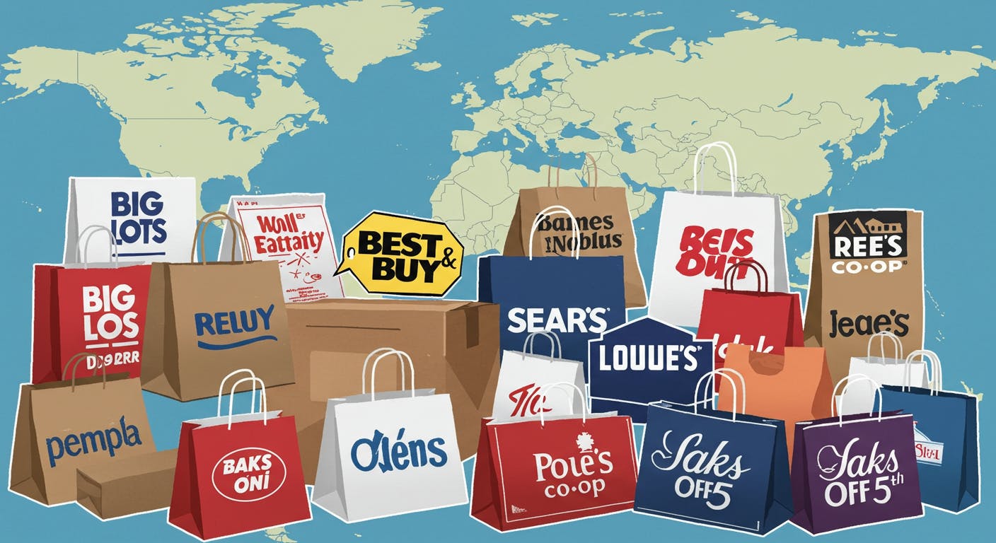 A collage of various shopping bags and boxes with logos of popular US retailers like Big Lots, Neiman Marcus, Best Buy, Barnes & Noble, Sears, Lowe's, REI Co-op, and Saks Off 5th.
