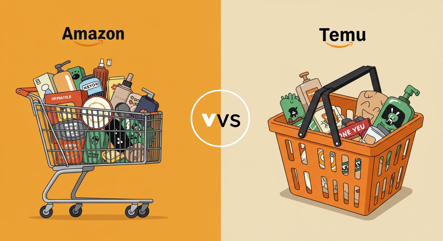 A split-screen image comparing Amazon and Temu. The Amazon side shows a large, modern shopping cart overflowing with various products. The Temu side shows a smaller, handcrafted shopping basket containing a few unique, artisan-made items.