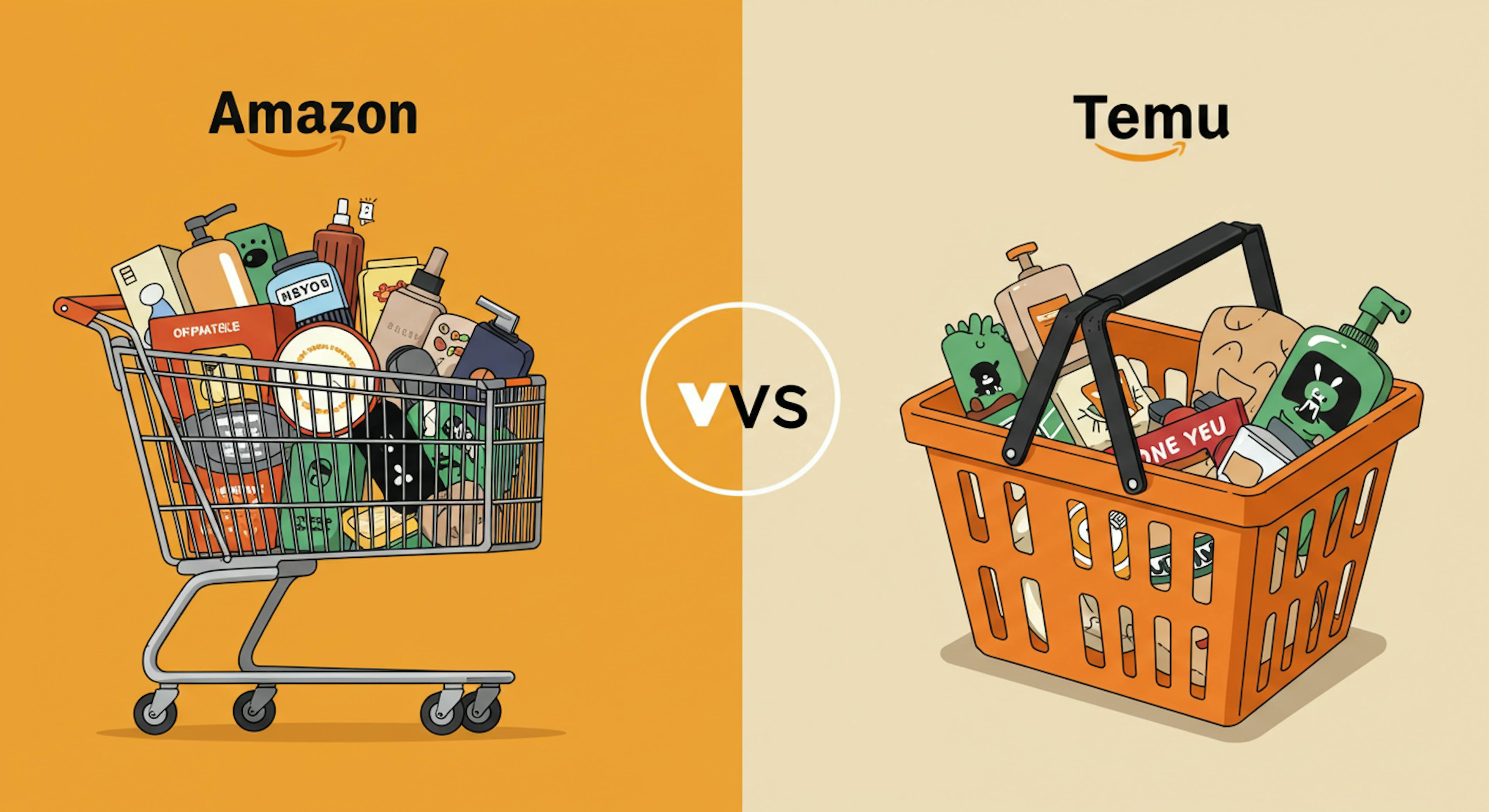A split-screen image comparing Amazon and Temu. The Amazon side shows a large, modern shopping cart overflowing with various products. The Temu side shows a smaller, handcrafted shopping basket containing a few unique, artisan-made items.