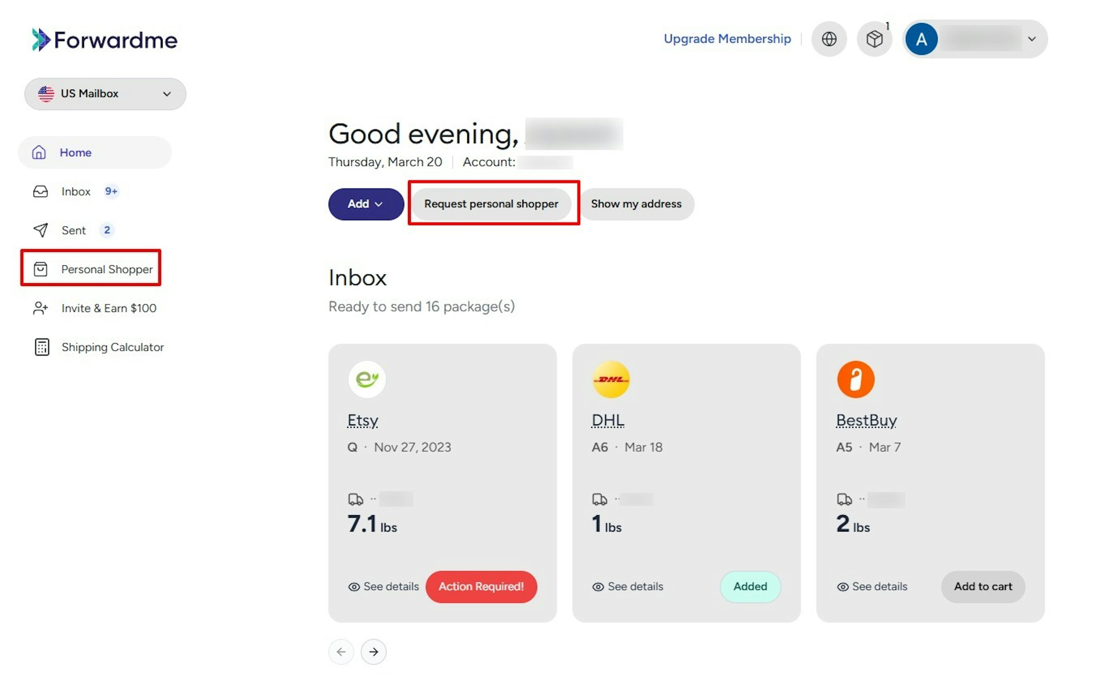 Forwardme UI showing how easy to place a Personal Shopper order. 