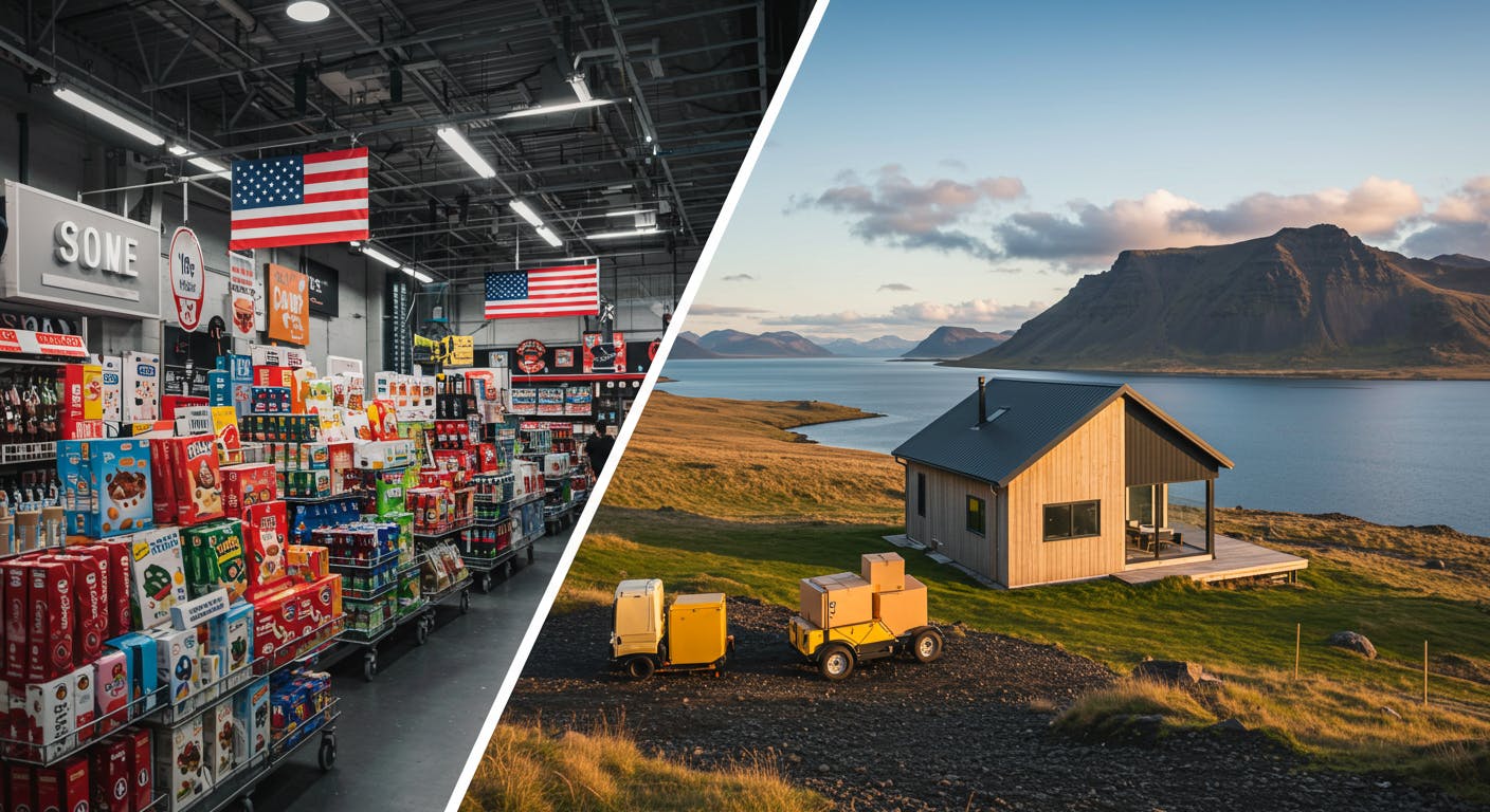 A split-screen image. On one side, a vibrant, bustling US online store storefront with various products. On the other side, a serene Icelandic landscape with a package being delivered to a modern home, overlooking mountains and a fjord.