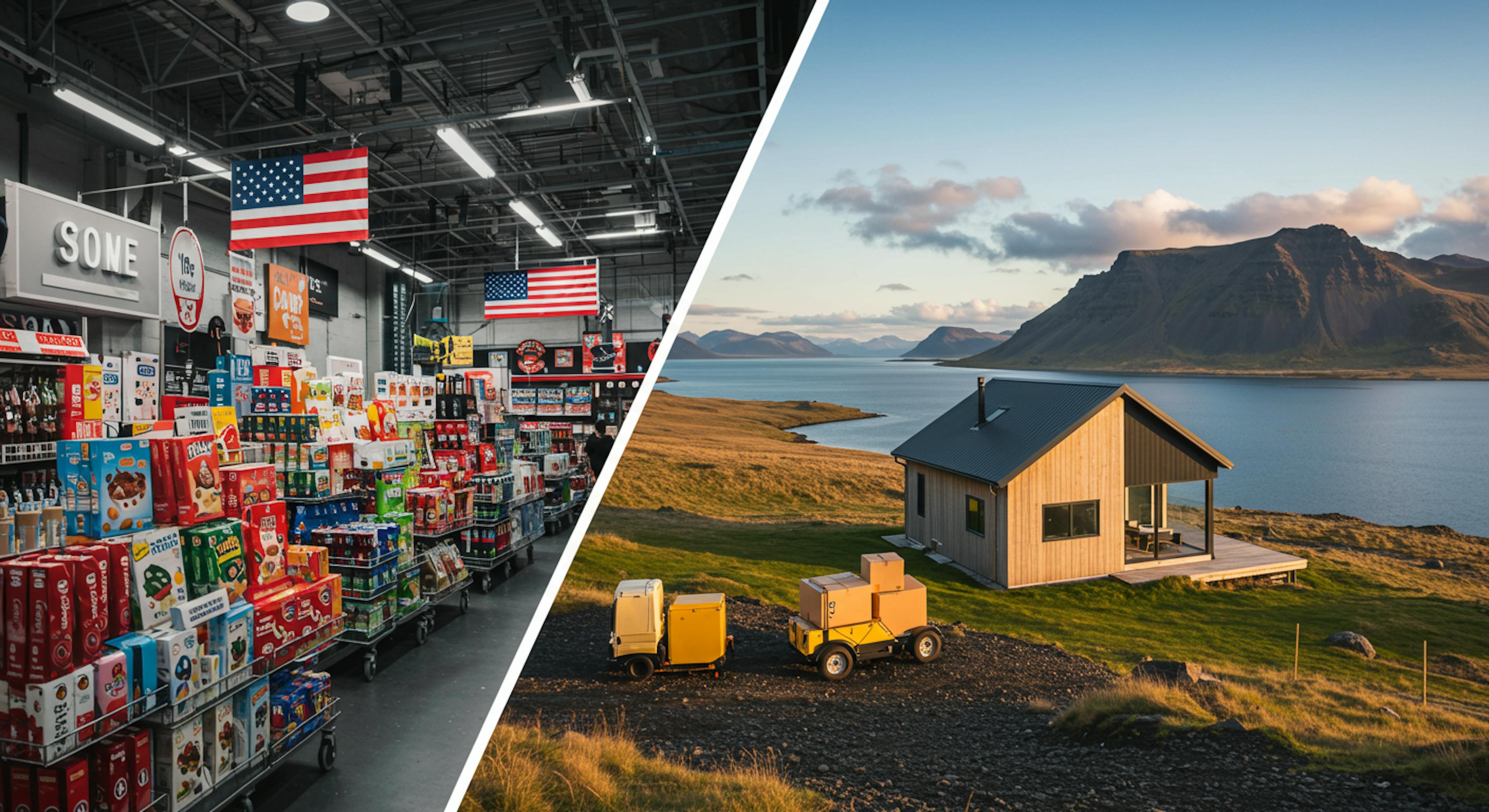 A split-screen image. On one side, a vibrant, bustling US online store storefront with various products. On the other side, a serene Icelandic landscape with a package being delivered to a modern home, overlooking mountains and a fjord. 