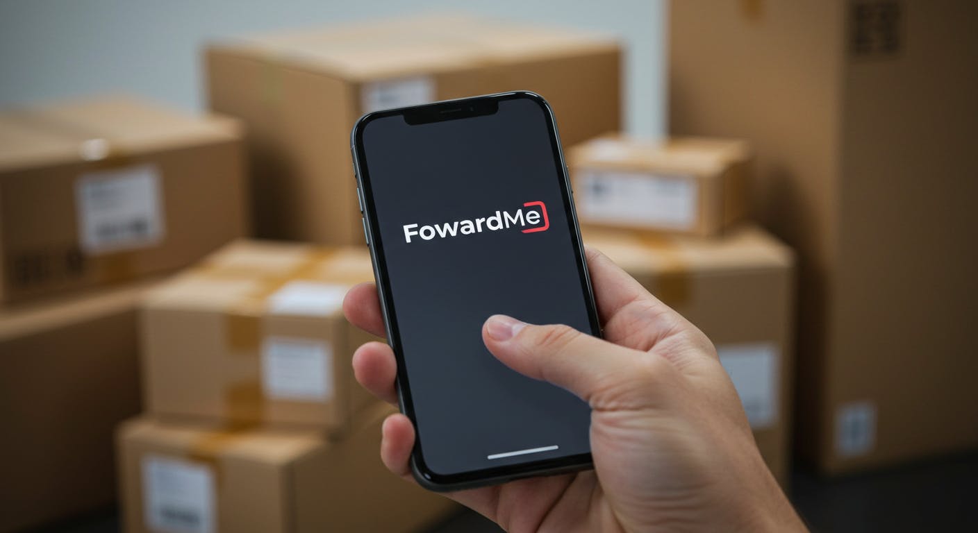 A hand holding a smartphone displaying the ForwardMe logo, with packages in the background.