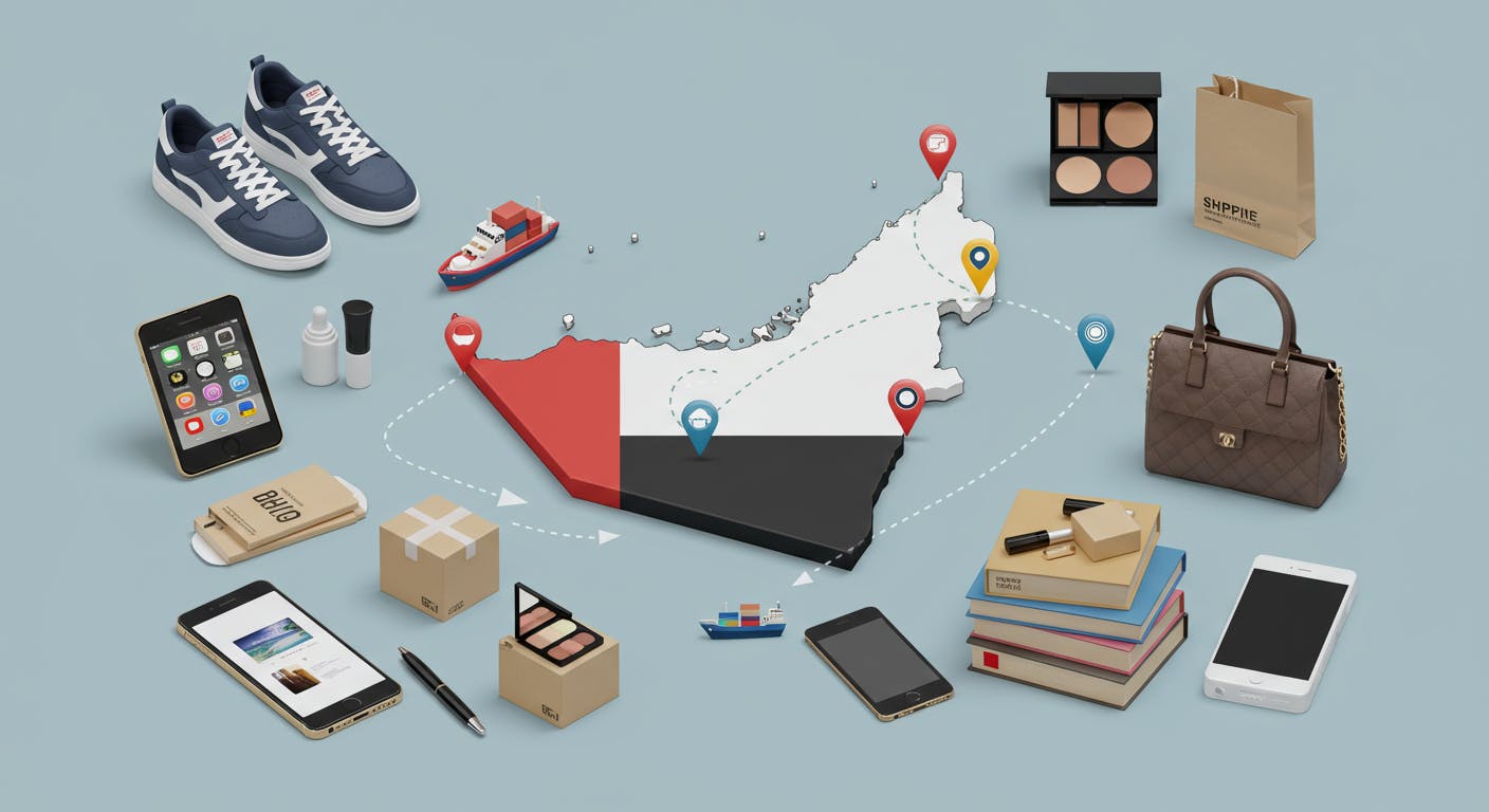 A vibrant, flat-lay style image showcasing a variety of products commonly purchased from US online stores and shipped internationally. Includes items like a smartphone, a pair of sneakers, a designer handbag, a makeup palette, a stack of books, and a small electronic gadget. Overlay a subtle map of the United Arab Emirates in the background, slightly faded.